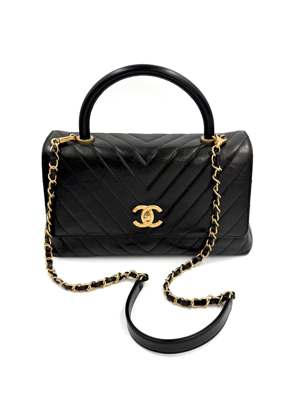 Pre-owned Chanel Black Chevron Coco Handle with Gold Hardware - Authenticated