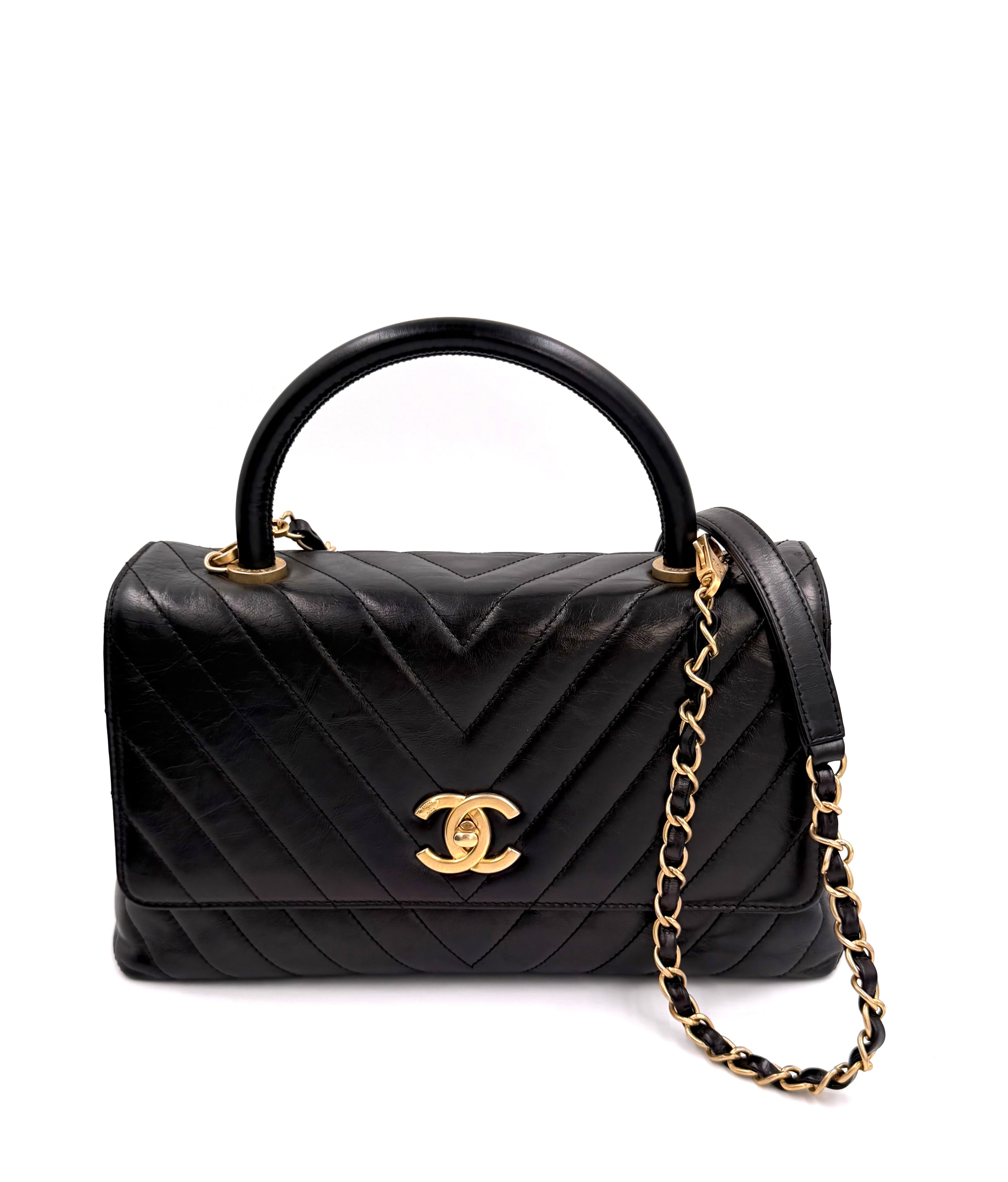 Pre-owned Chanel Black Chevron Coco Handle with Gold Hardware - Authenticated