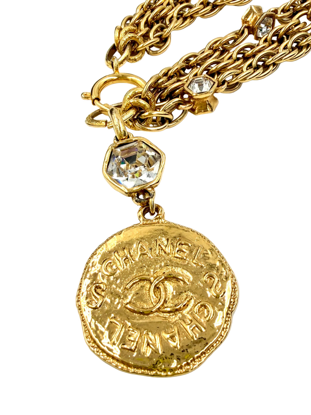 Pre-Owned Chanel Multi Strand Chain with Crystals and Gold Medallion 24k Gold Plated Vintage - Authenticated
