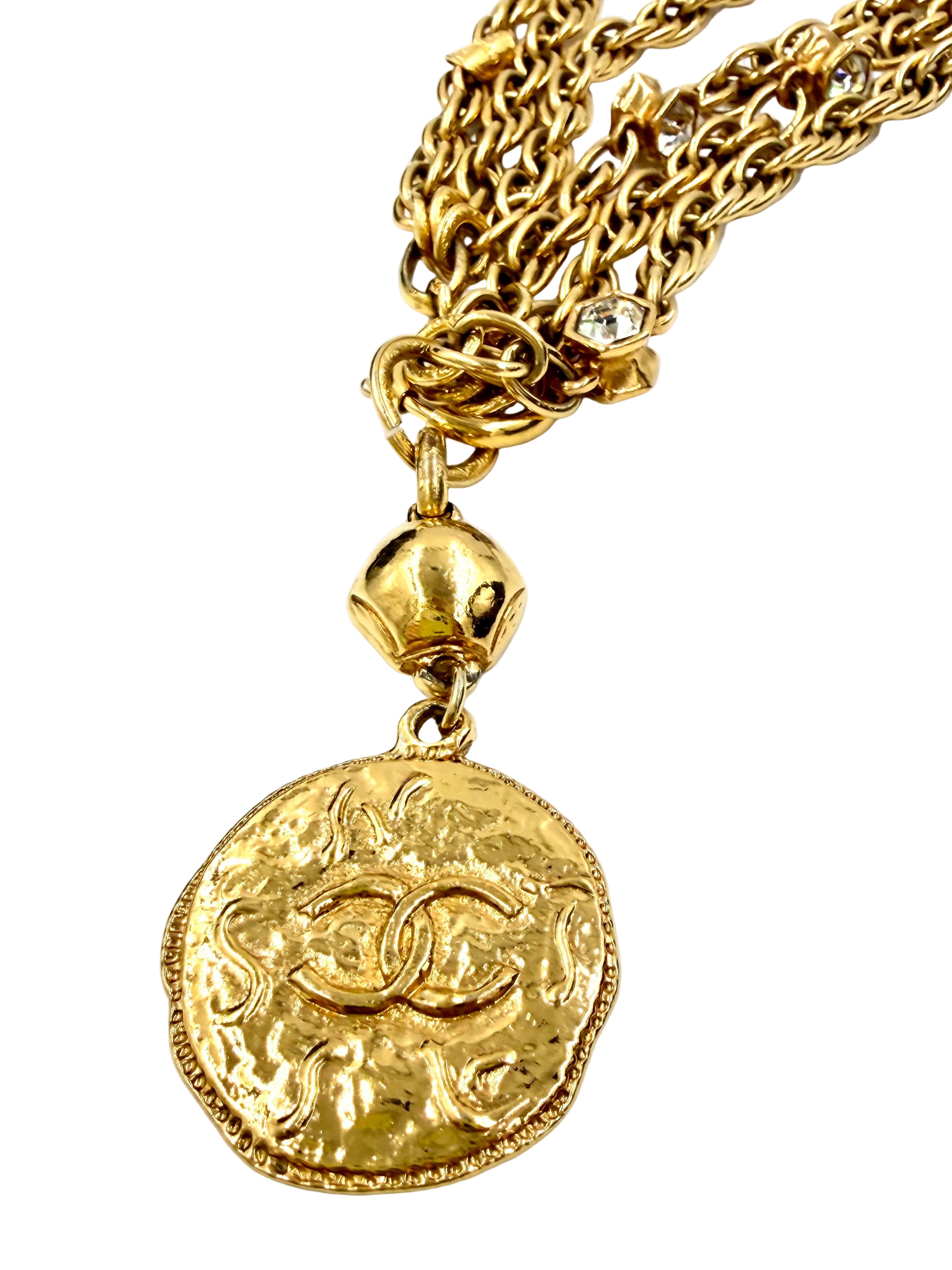 Pre-Owned Chanel Multi Strand Chain with Crystals and Gold Medallion 24k Gold Plated Vintage - Authenticated