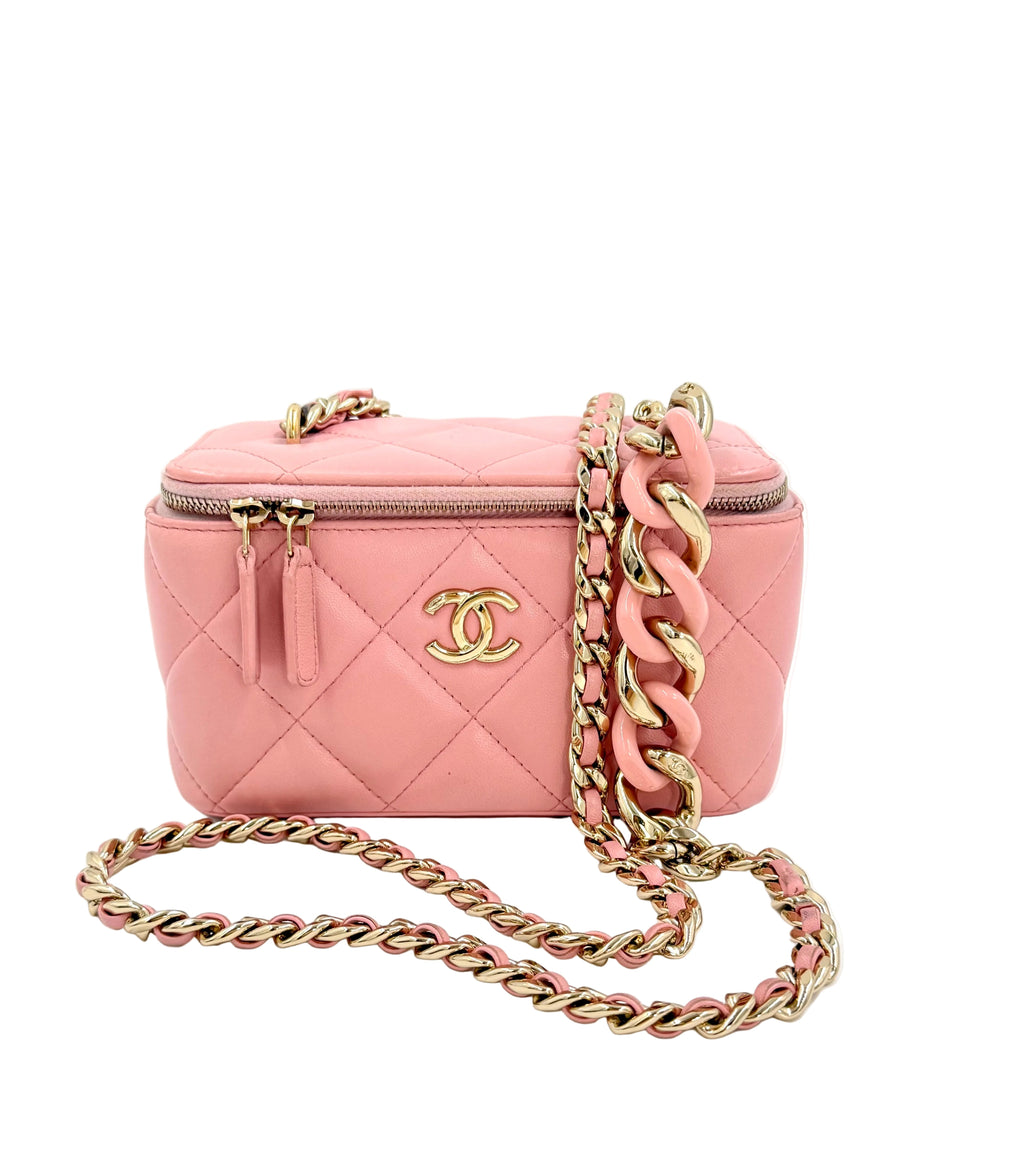 Pre-Owned Chanel Elegant Chain Vanity Case Quilted Leather Shoulder Bag Pink - Authenticated