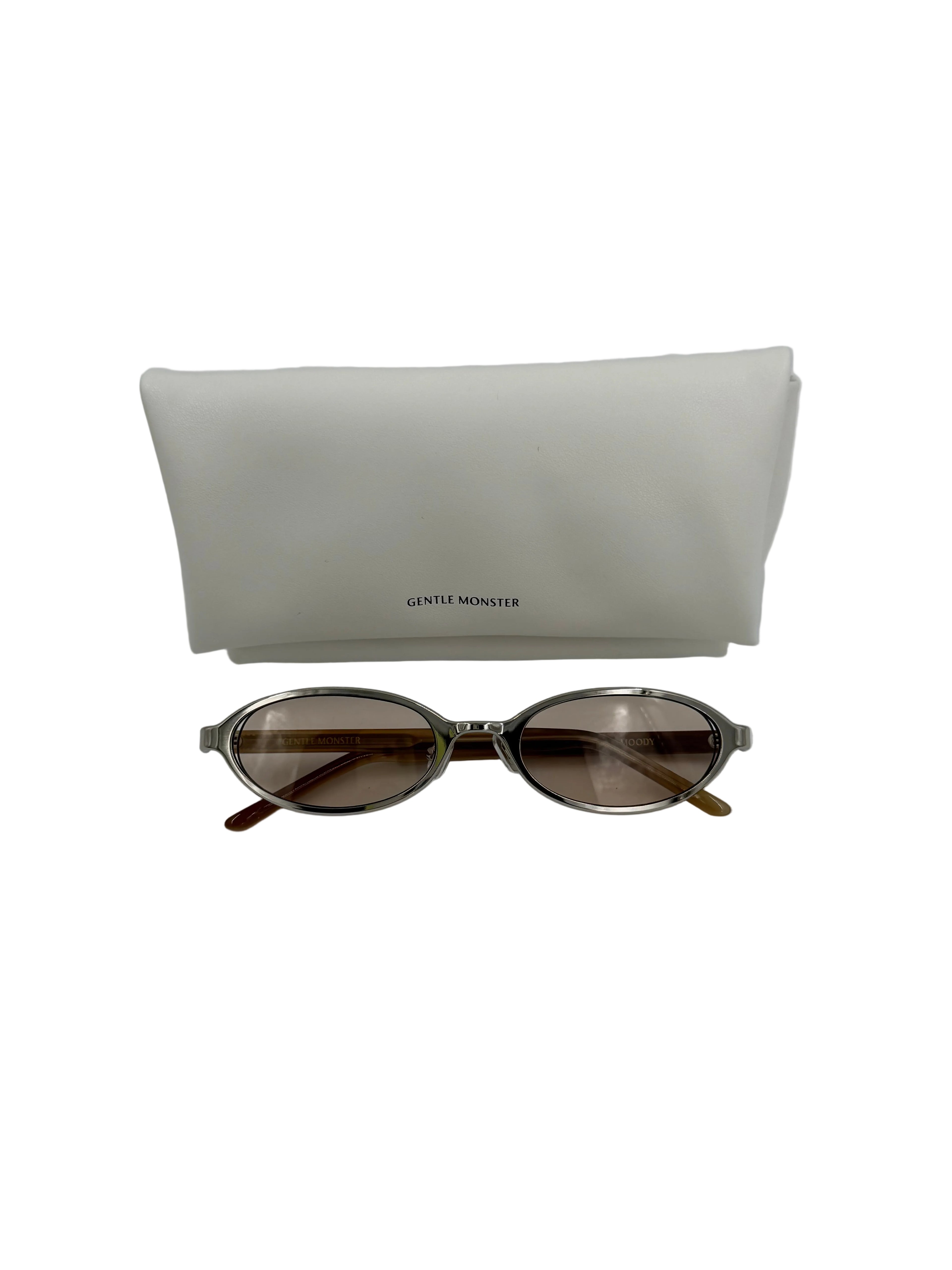 NEW Gentle Monster Moody Sunglasses Silver Oval Frame Brown Lenses