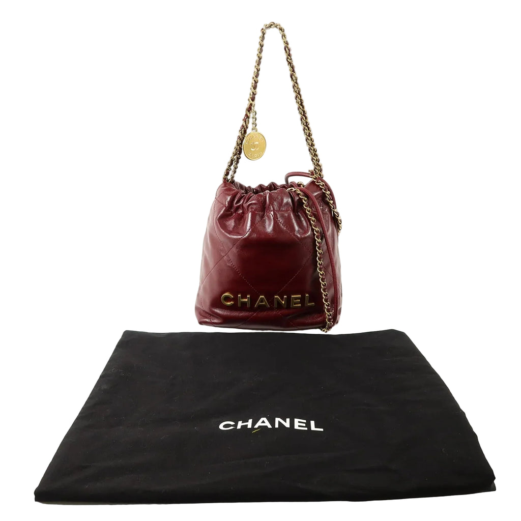 Pre-Owned Chanel 22 Mini AS3980 Chain Shoulder Bag Calfskin Leather Burgundy - Authenticated