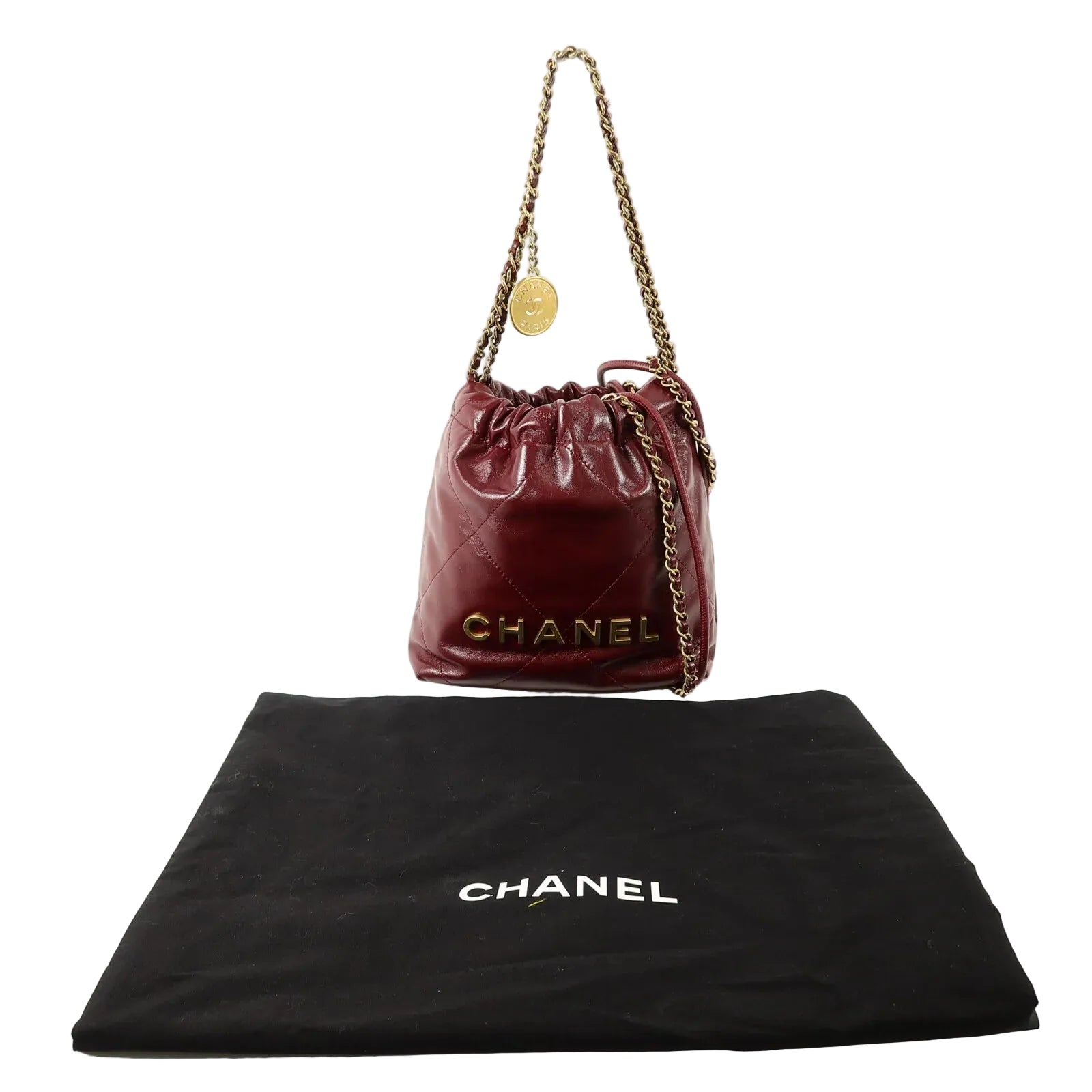 Pre-Owned Chanel 22 Mini AS3980 Chain Shoulder Bag Calfskin Leather Burgundy - Authenticated