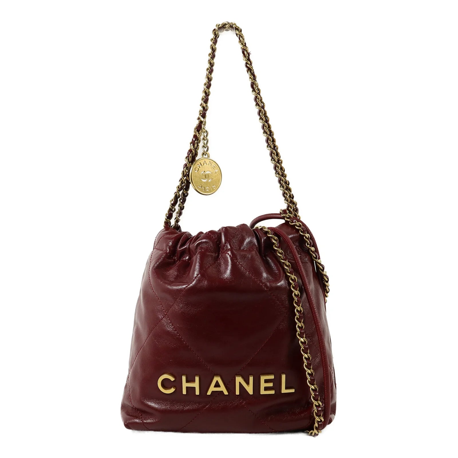 Pre-Owned Chanel 22 Mini AS3980 Chain Shoulder Bag Calfskin Leather Burgundy - Authenticated