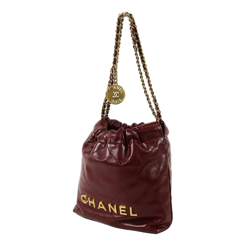 Pre-Owned Chanel 22 Mini AS3980 Chain Shoulder Bag Calfskin Leather Burgundy - Authenticated