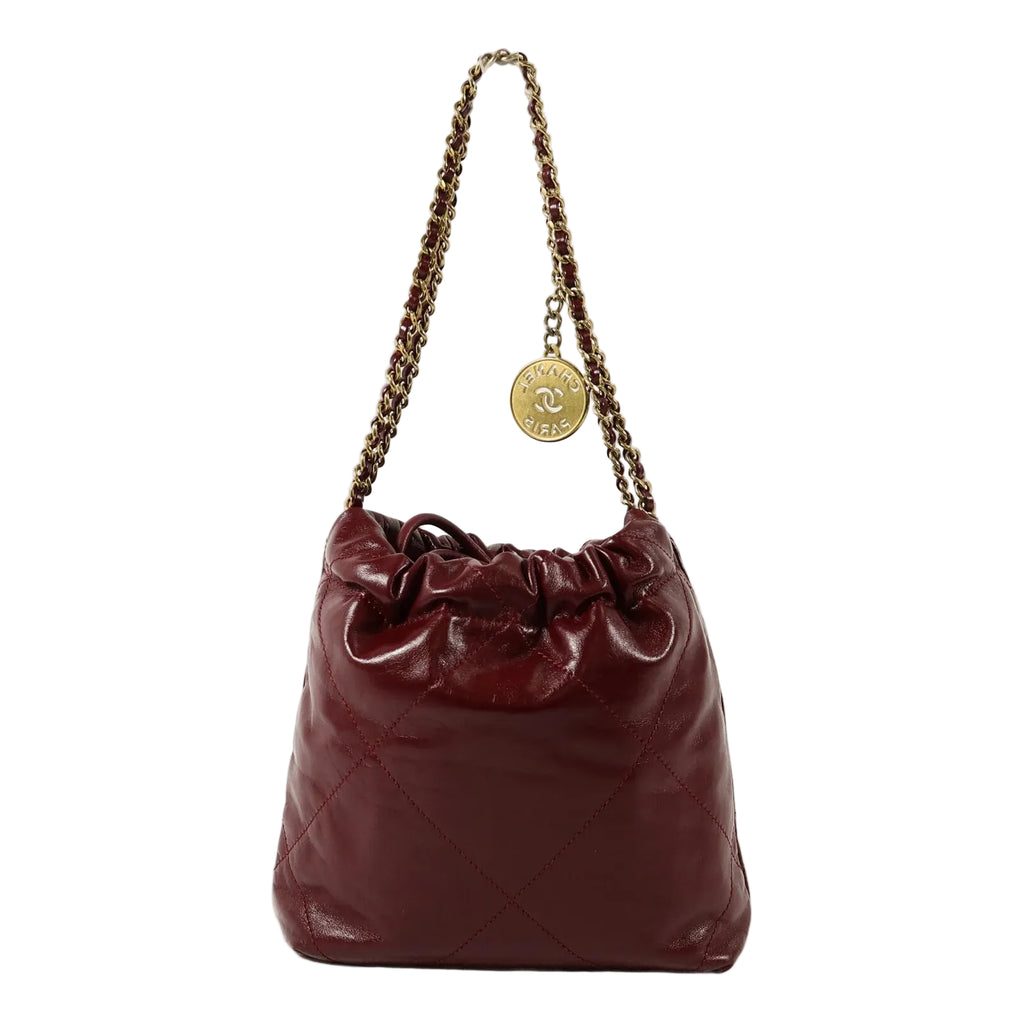 Pre-Owned Chanel 22 Mini AS3980 Chain Shoulder Bag Calfskin Leather Burgundy - Authenticated