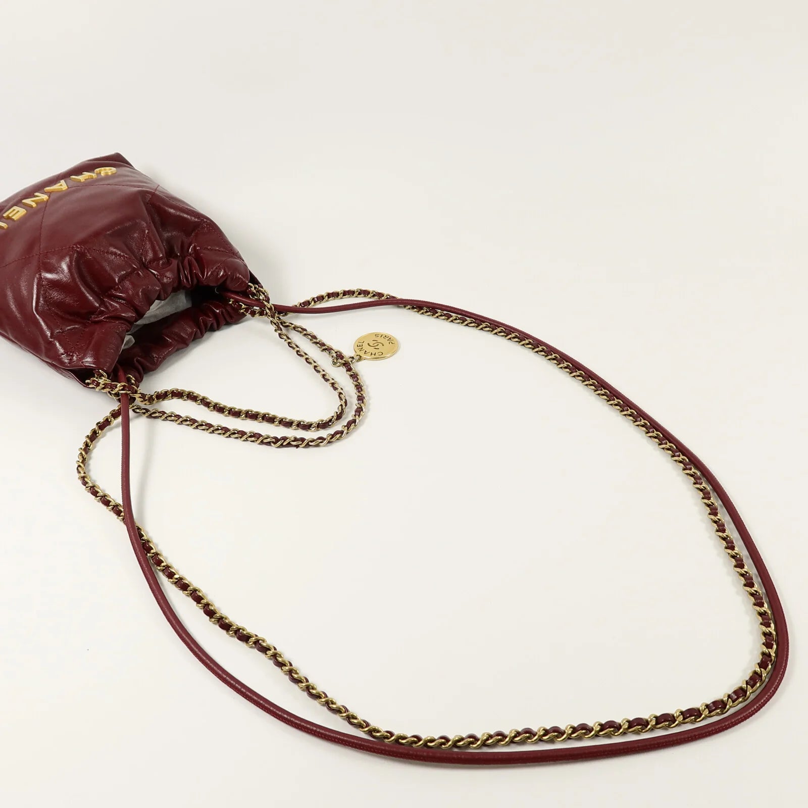 Pre-Owned Chanel 22 Mini AS3980 Chain Shoulder Bag Calfskin Leather Burgundy - Authenticated