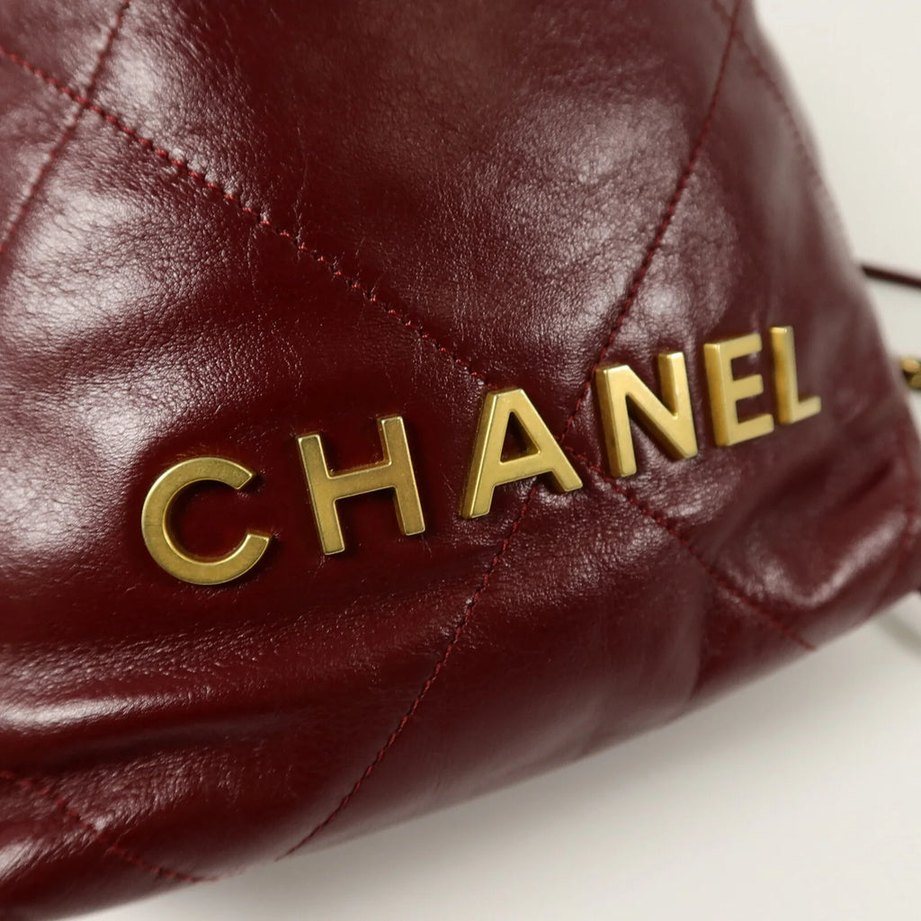 Pre-Owned Chanel 22 Mini AS3980 Chain Shoulder Bag Calfskin Leather Burgundy - Authenticated