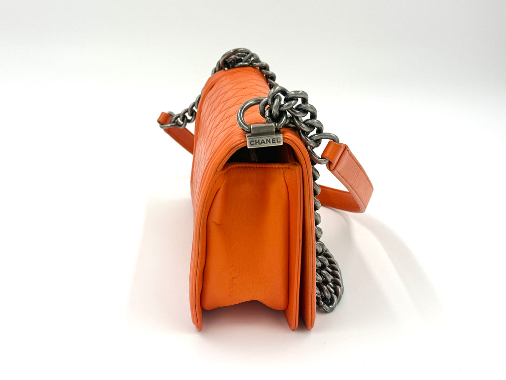 Pre-Owned Chanel Orange Boy Bag with Ruthenium Hardware Old Medium - Authenticated