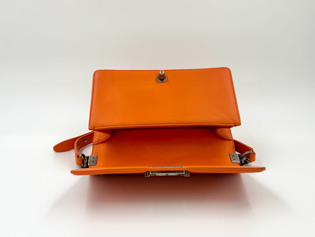 Pre-Owned Chanel Orange Boy Bag with Ruthenium Hardware Old Medium - Authenticated