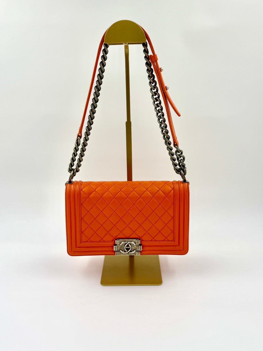 Pre-Owned Chanel Orange Boy Bag with Ruthenium Hardware Old Medium - Authenticated