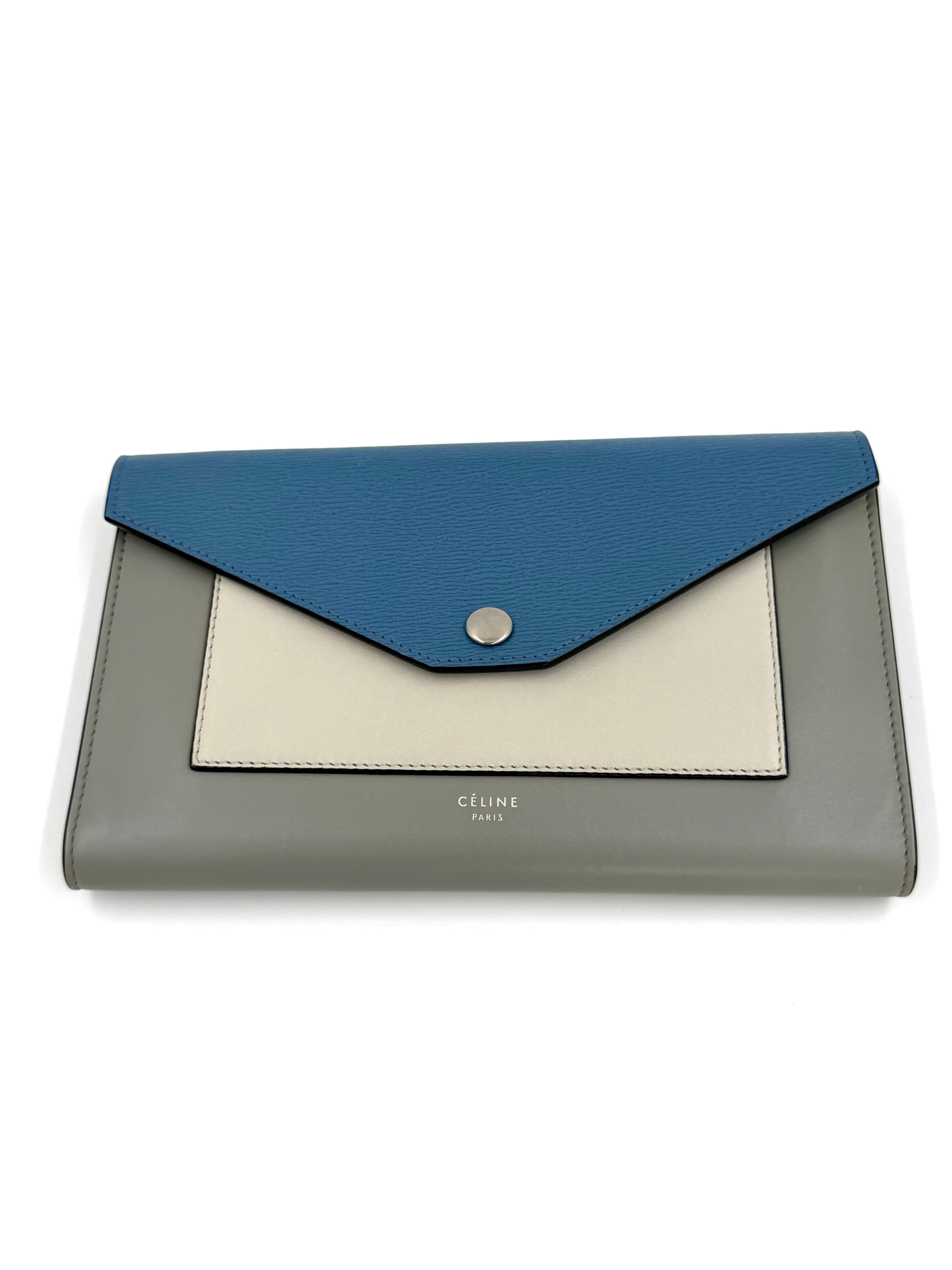 Pre-owned Celine Blue Tri-Color Calfskin Leather Large Wallet on Chain - Authenticated