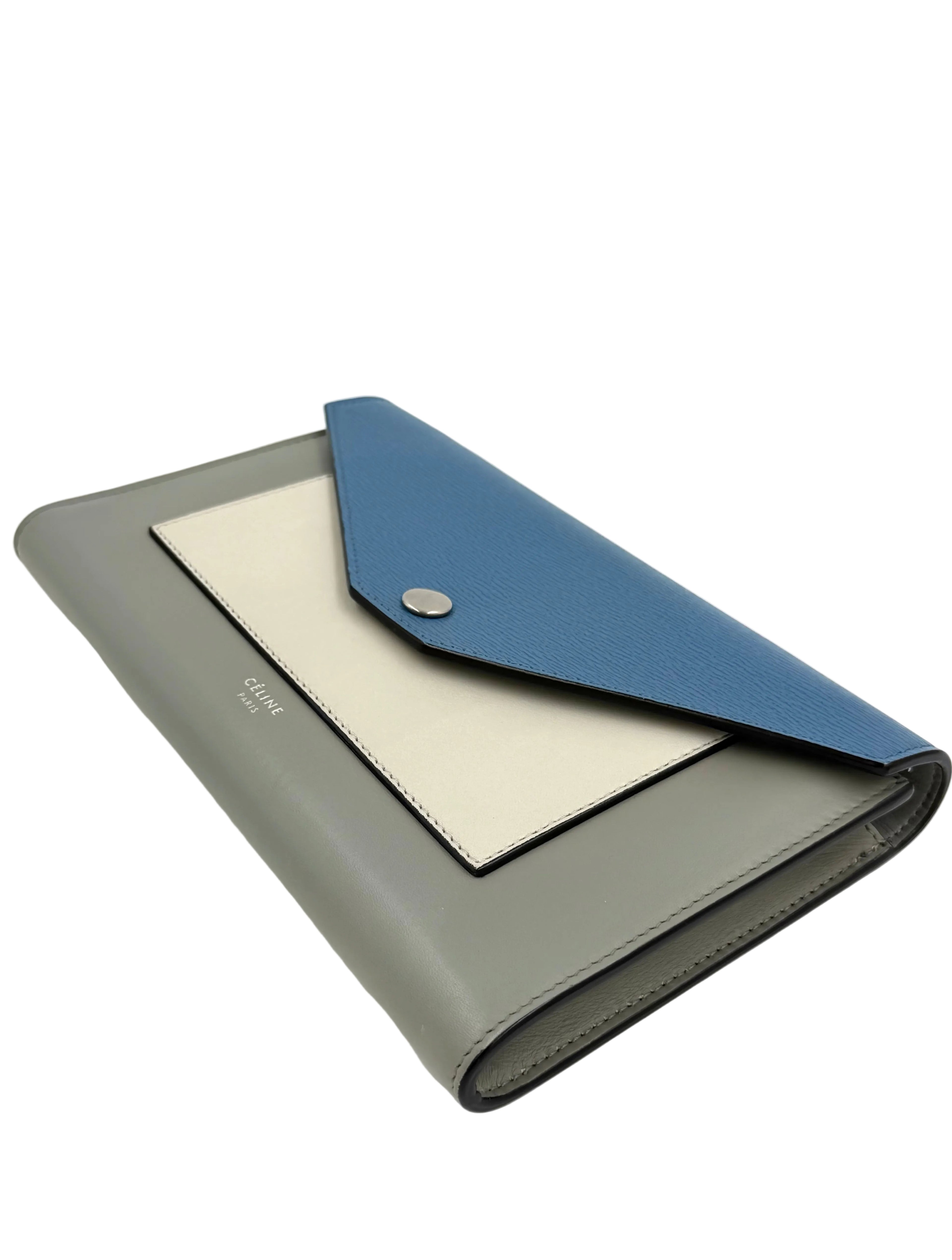Pre-owned Celine Blue Tri-Color Calfskin Leather Large Wallet on Chain - Authenticated