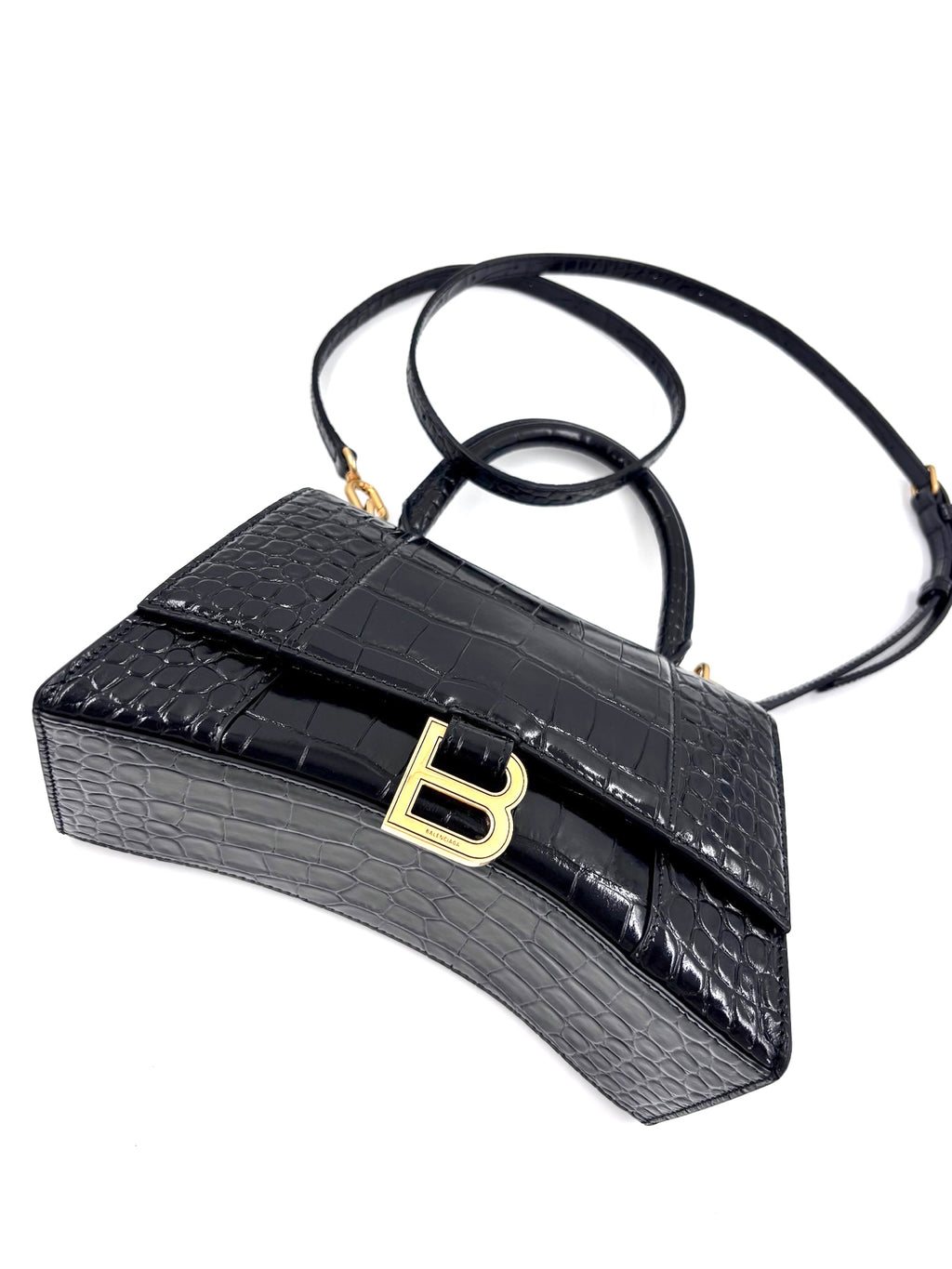 Pre-owned Balenciaga Croc Embossed Black Leather Hourglass Bag - Authenticated