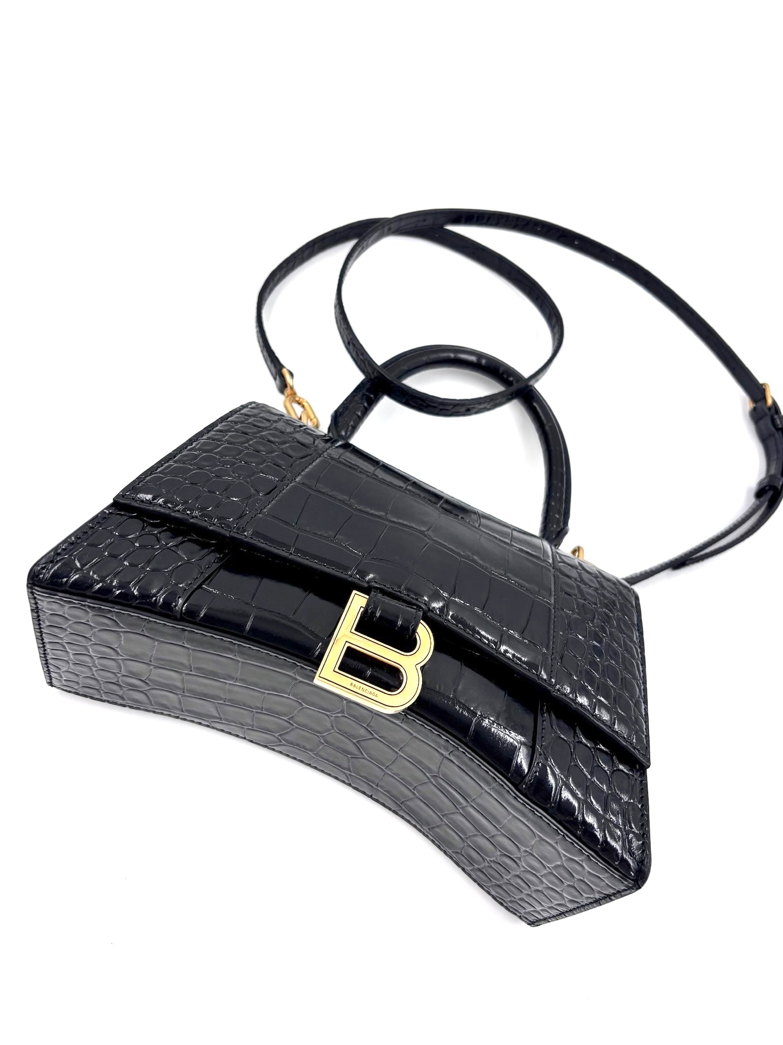 Pre-owned Balenciaga Croc Embossed Black Leather Hourglass Bag - Authenticated