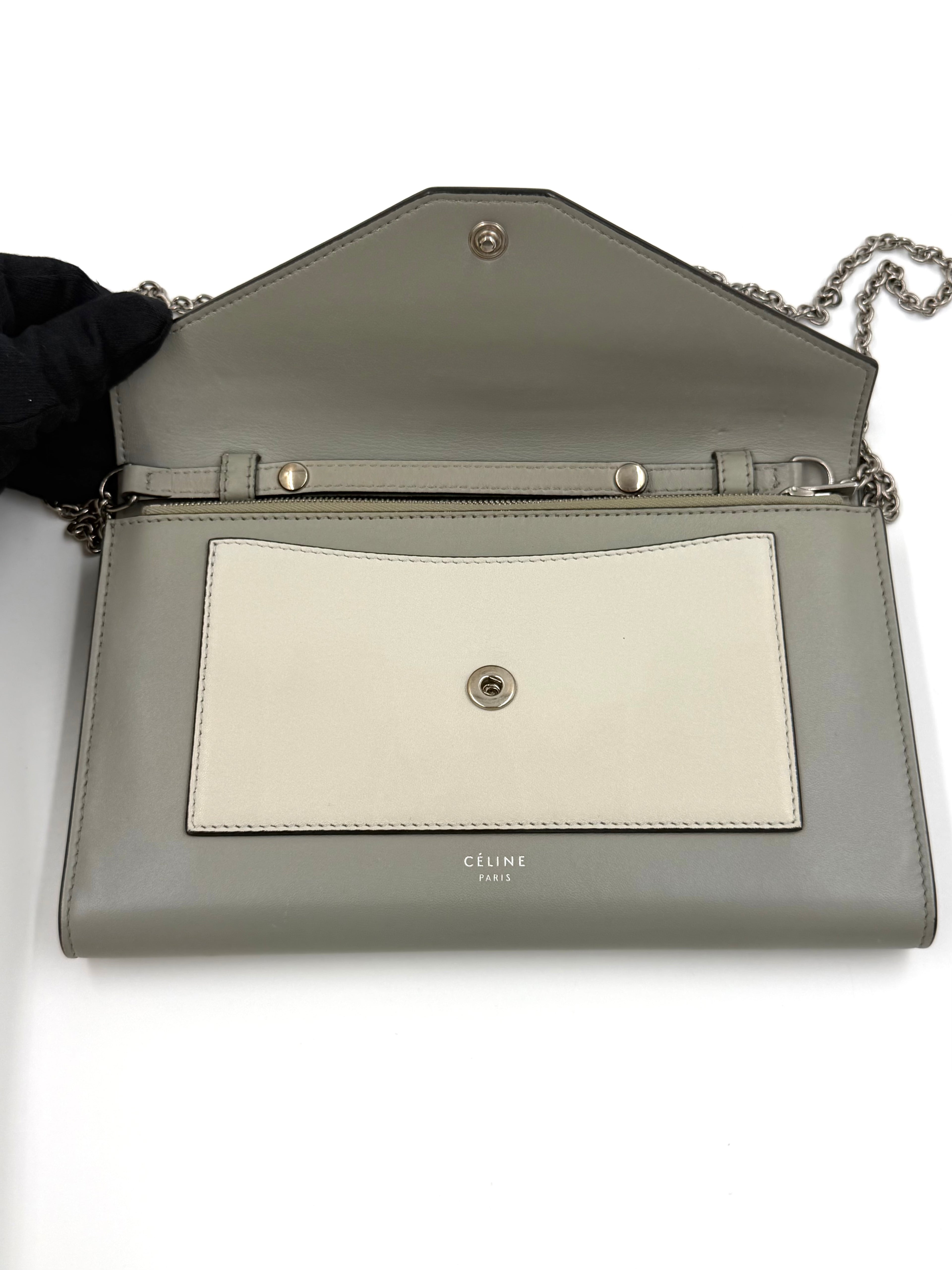 Pre-owned Celine Blue Tri-Color Calfskin Leather Large Wallet on Chain - Authenticated