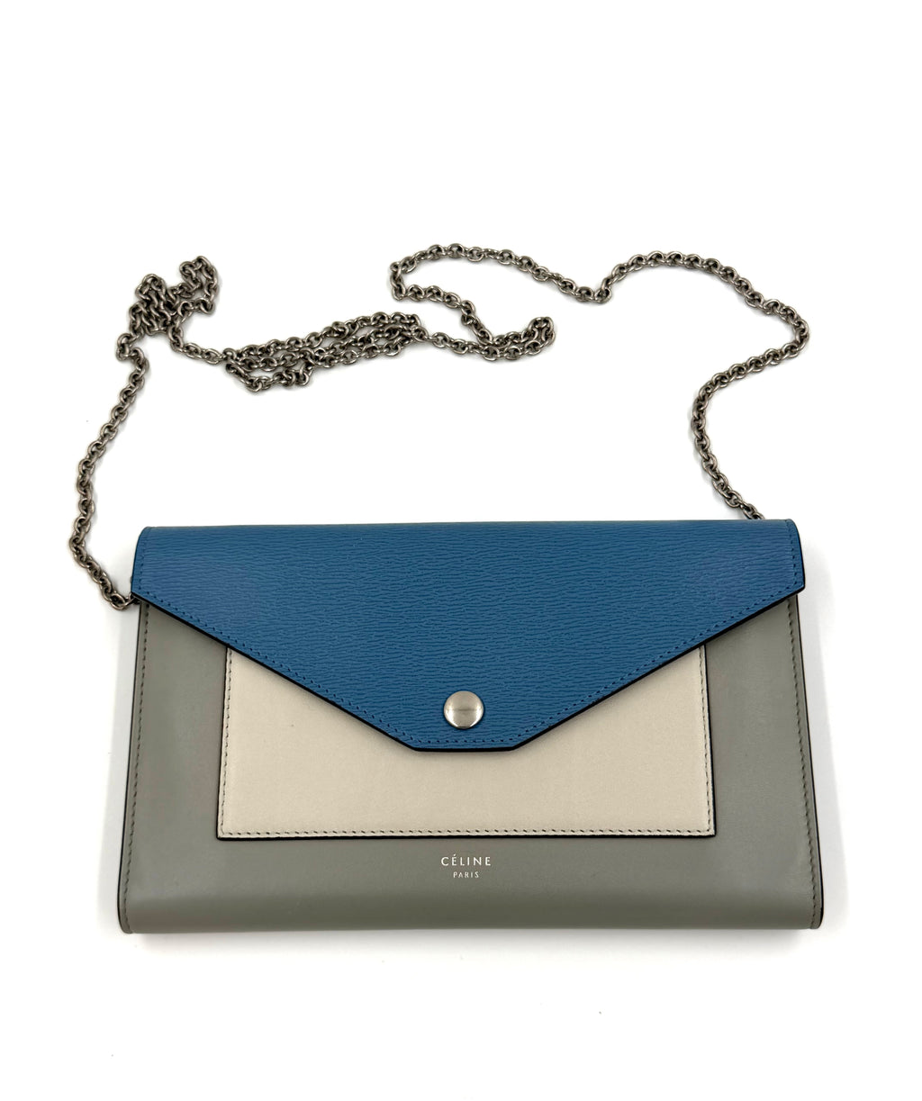 Pre-owned Celine Blue Tri-Color Calfskin Leather Large Wallet on Chain - Authenticated