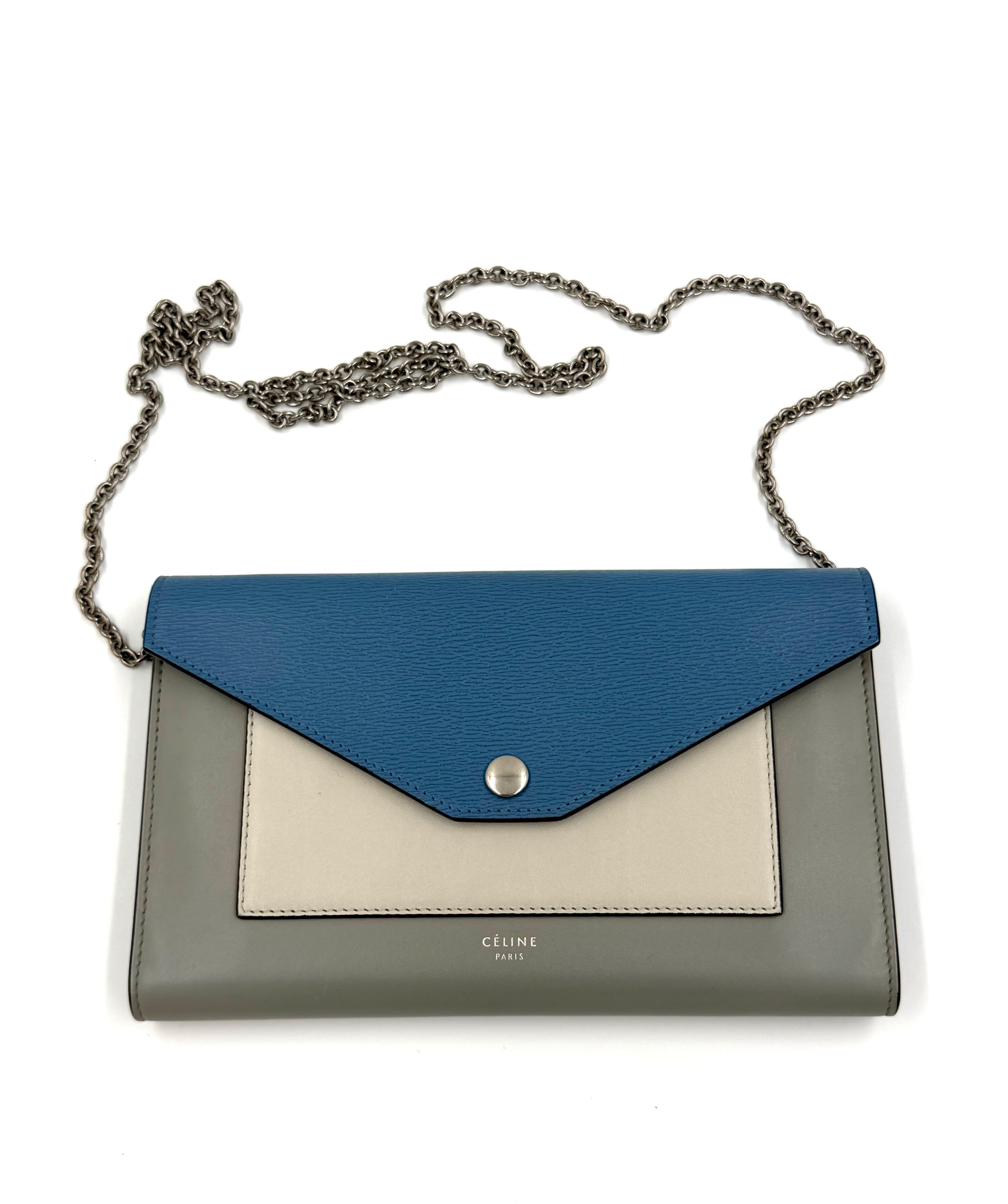 Pre-owned Celine Blue Tri-Color Calfskin Leather Large Wallet on Chain - Authenticated