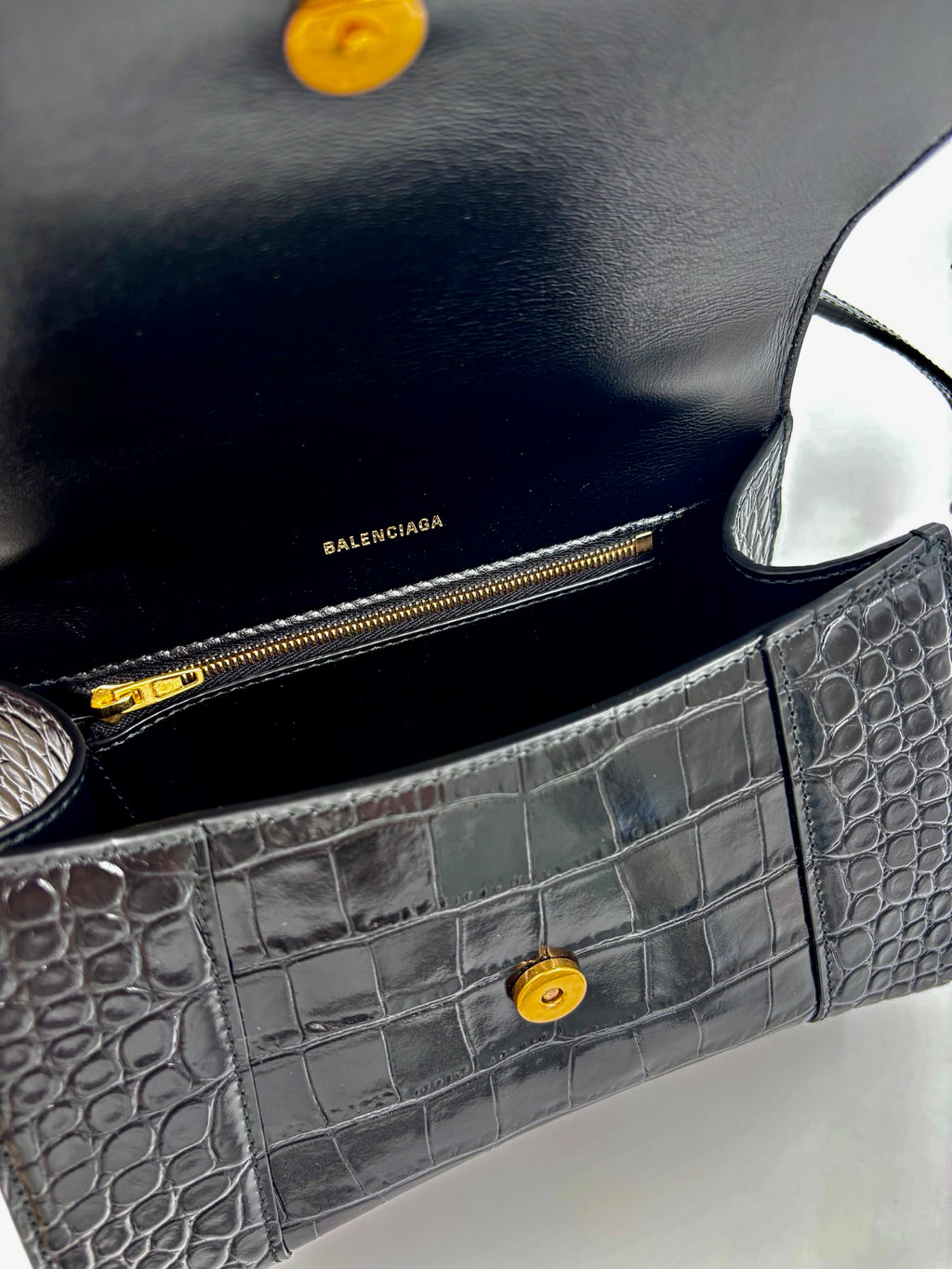 Pre-owned Balenciaga Croc Embossed Black Leather Hourglass Bag - Authenticated