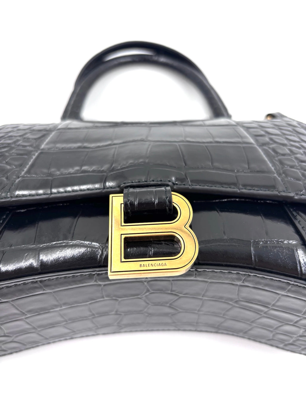 Pre-owned Balenciaga Croc Embossed Black Leather Hourglass Bag - Authenticated