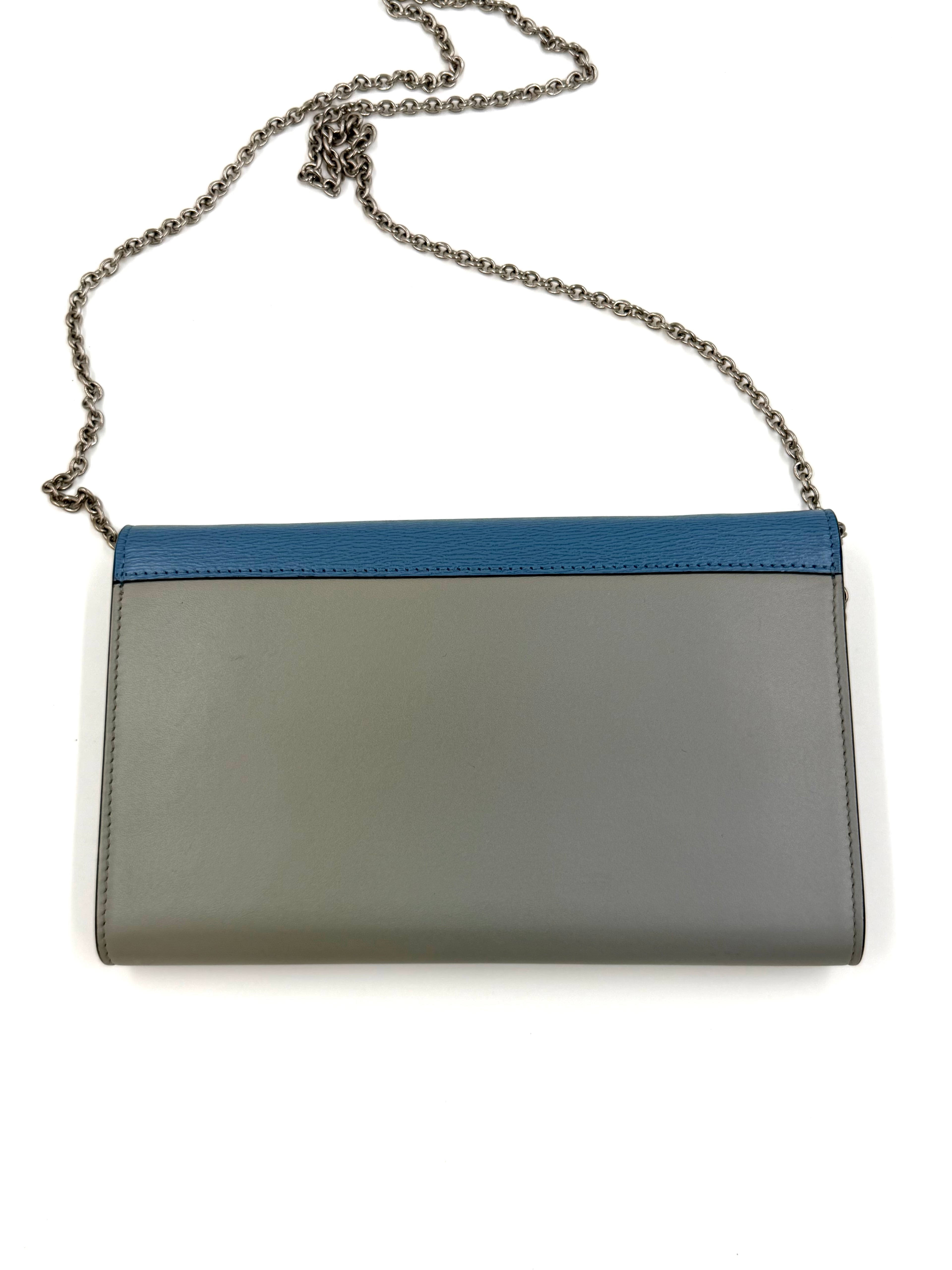 Pre-owned Celine Blue Tri-Color Calfskin Leather Large Wallet on Chain - Authenticated
