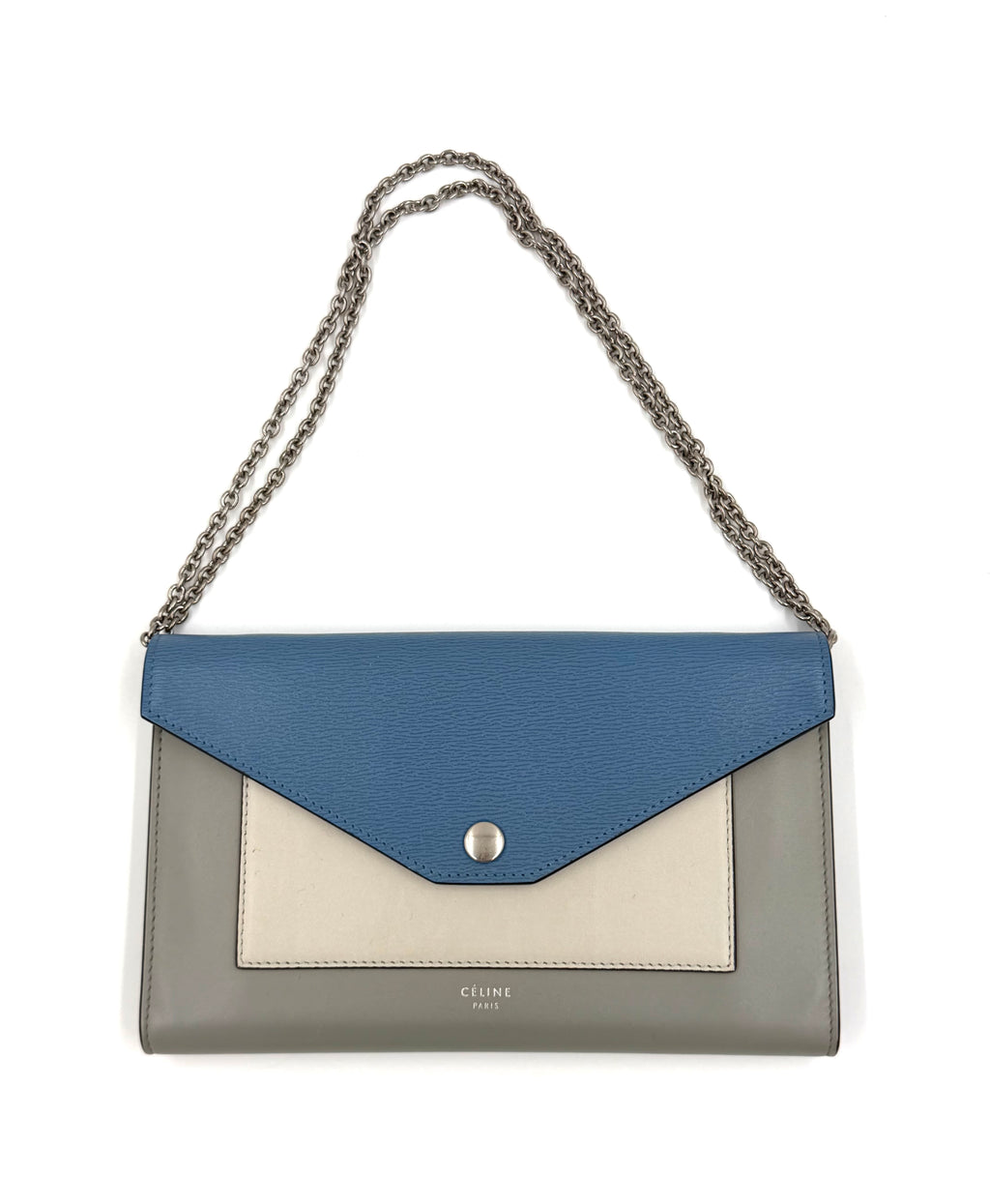 Pre-owned Celine Blue Tri-Color Calfskin Leather Large Wallet on Chain - Authenticated