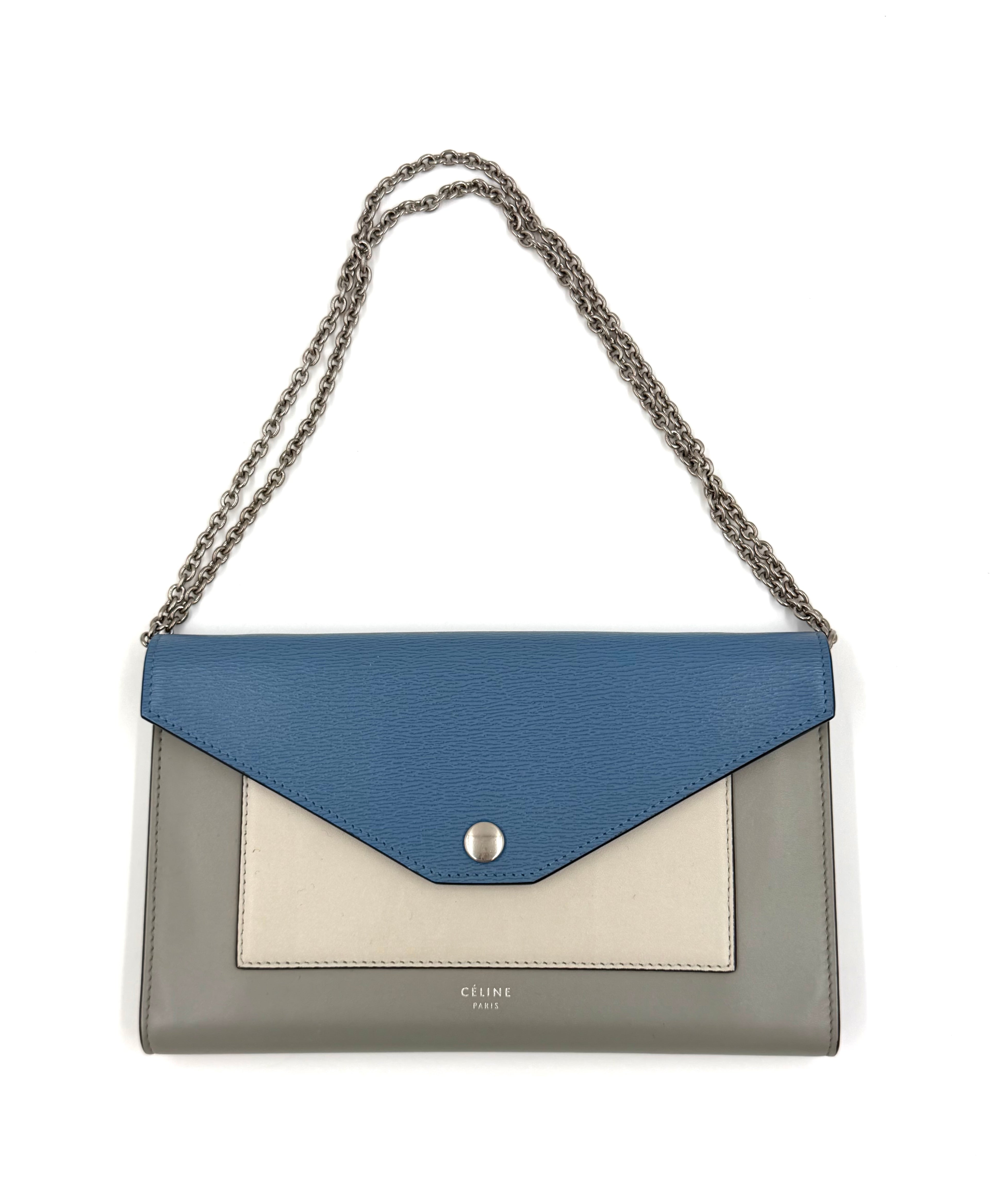 Pre-owned Celine Blue Tri-Color Calfskin Leather Large Wallet on Chain - Authenticated