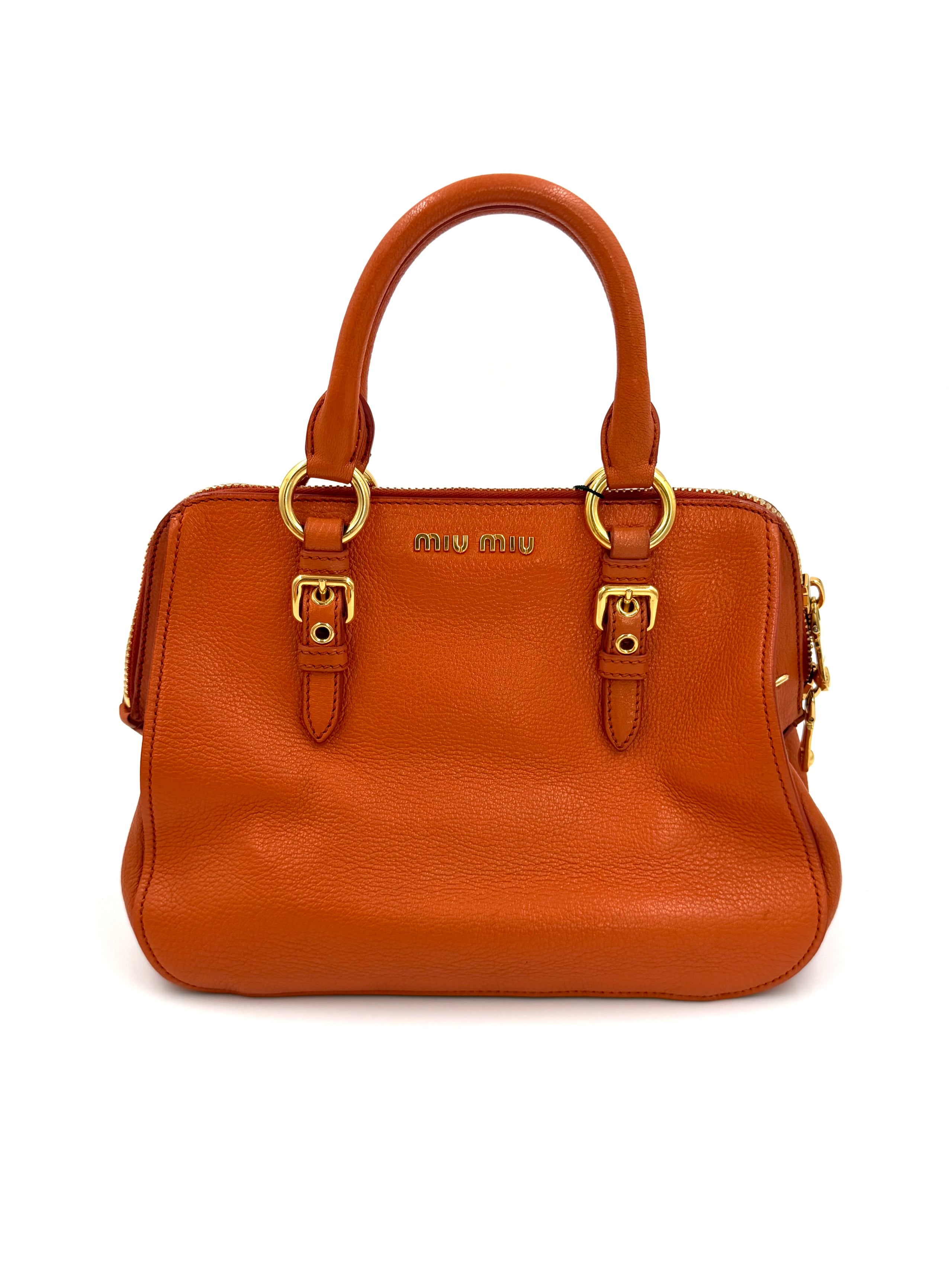 Pre-owned Miu Miu Madras Leather Bowler Bag in Orange - Authenticated