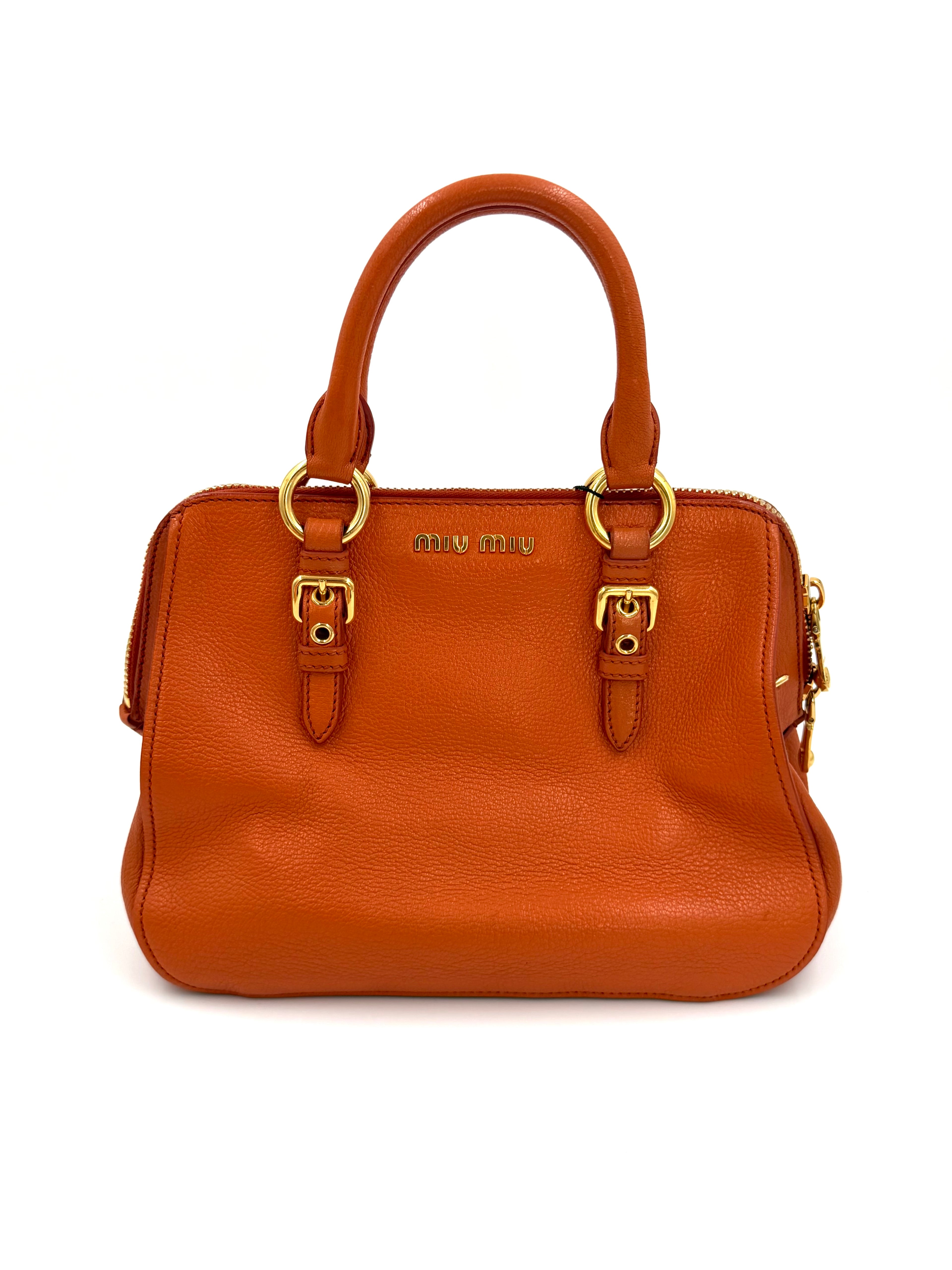 Pre-owned Miu Miu Madras Leather Bowler Bag in Orange - Authenticated