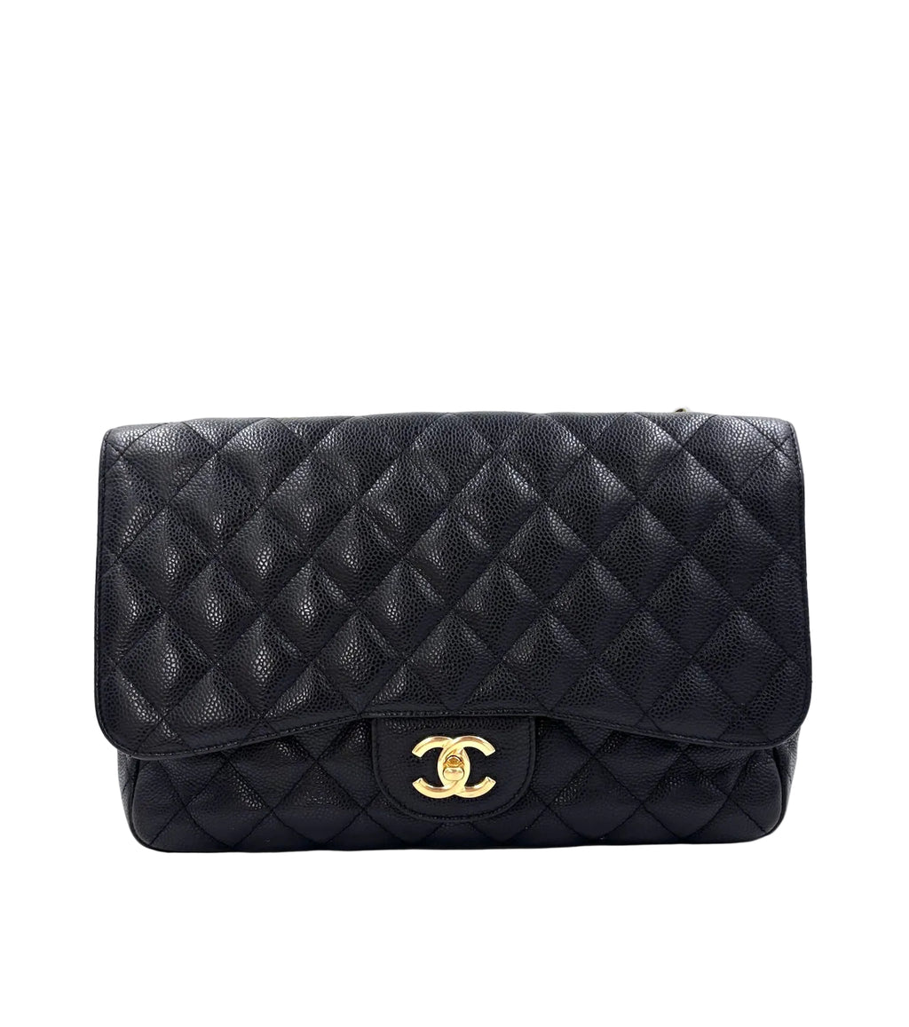 Pre-owned Chanel Black Caviar Single Flap Jumbo 24k Gold Plated Hardware - Authenticated