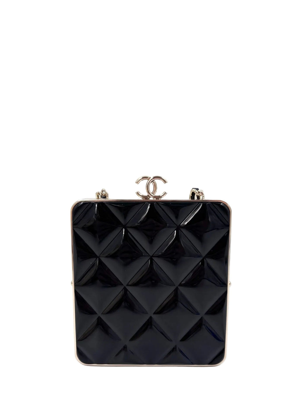 Pre-owned Chanel Black Lambskin and Black Lacquer Plexi Quilted Small Evening Bag Champagne Gold Hardware - Authenticated