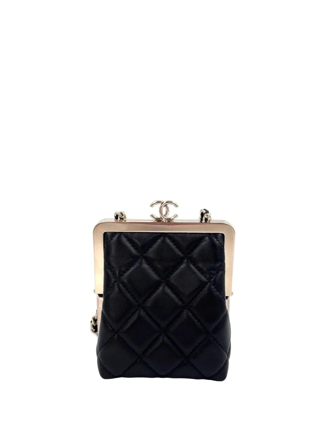 Pre-owned Chanel Black Lambskin and Black Lacquer Plexi Quilted Small Evening Bag Champagne Gold Hardware - Authenticated