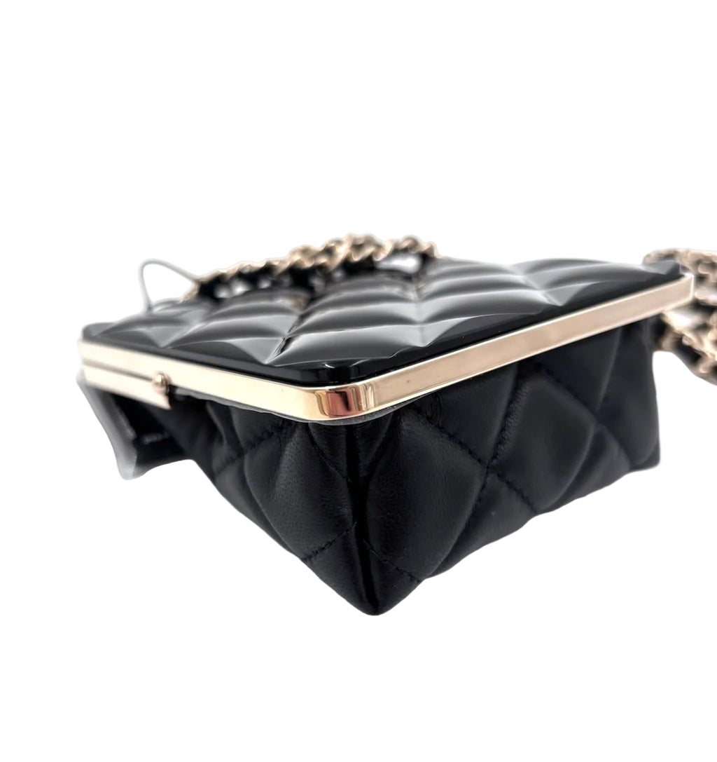 Pre-owned Chanel Black Lambskin and Black Lacquer Plexi Quilted Small Evening Bag Champagne Gold Hardware - Authenticated