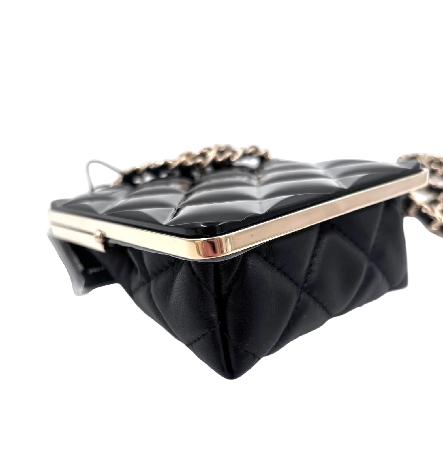 Pre-owned Chanel Black Lambskin and Black Lacquer Plexi Quilted Small Evening Bag Champagne Gold Hardware - Authenticated