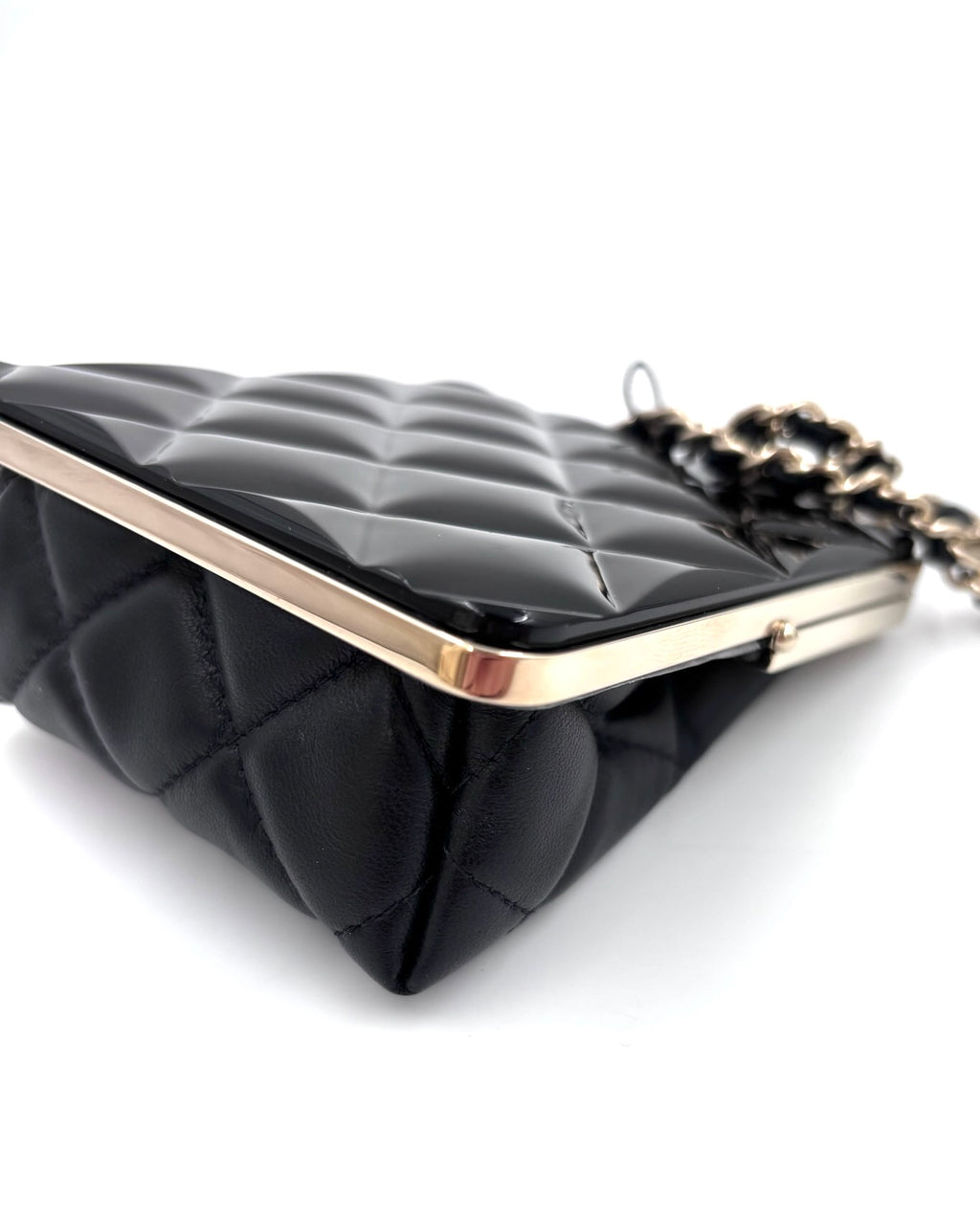 Pre-owned Chanel Black Lambskin and Black Lacquer Plexi Quilted Small Evening Bag Champagne Gold Hardware - Authenticated