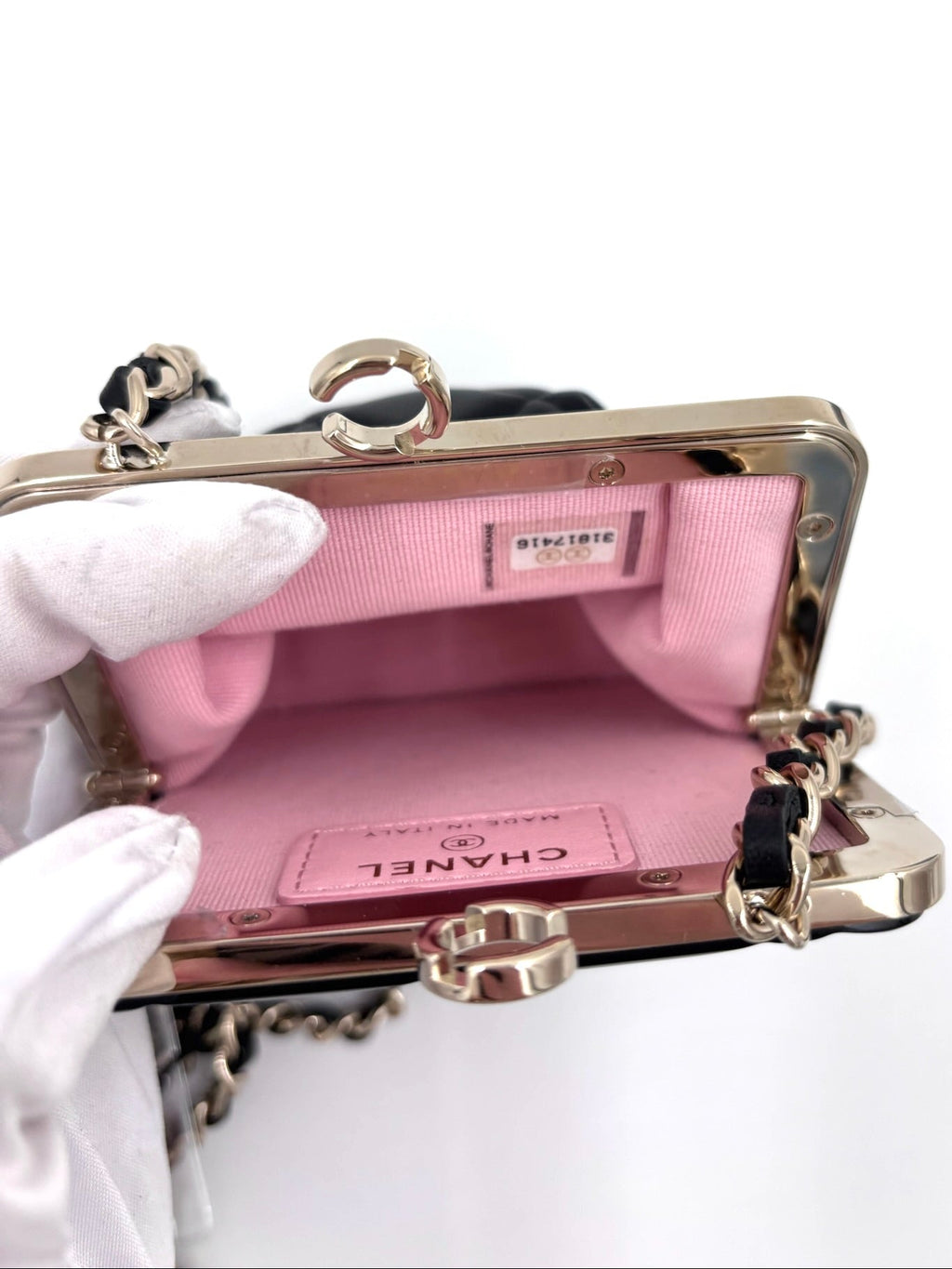 Pre-owned Chanel Black Lambskin and Black Lacquer Plexi Quilted Small Evening Bag Champagne Gold Hardware - Authenticated