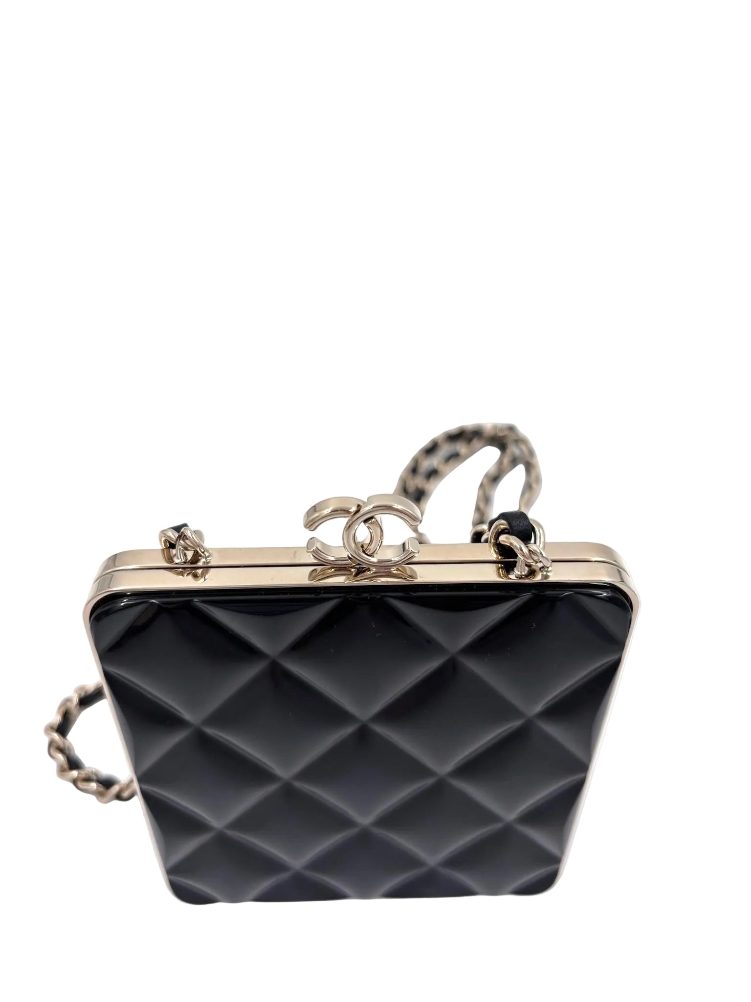 Pre-owned Chanel Black Lambskin and Black Lacquer Plexi Quilted Small Evening Bag Champagne Gold Hardware - Authenticated