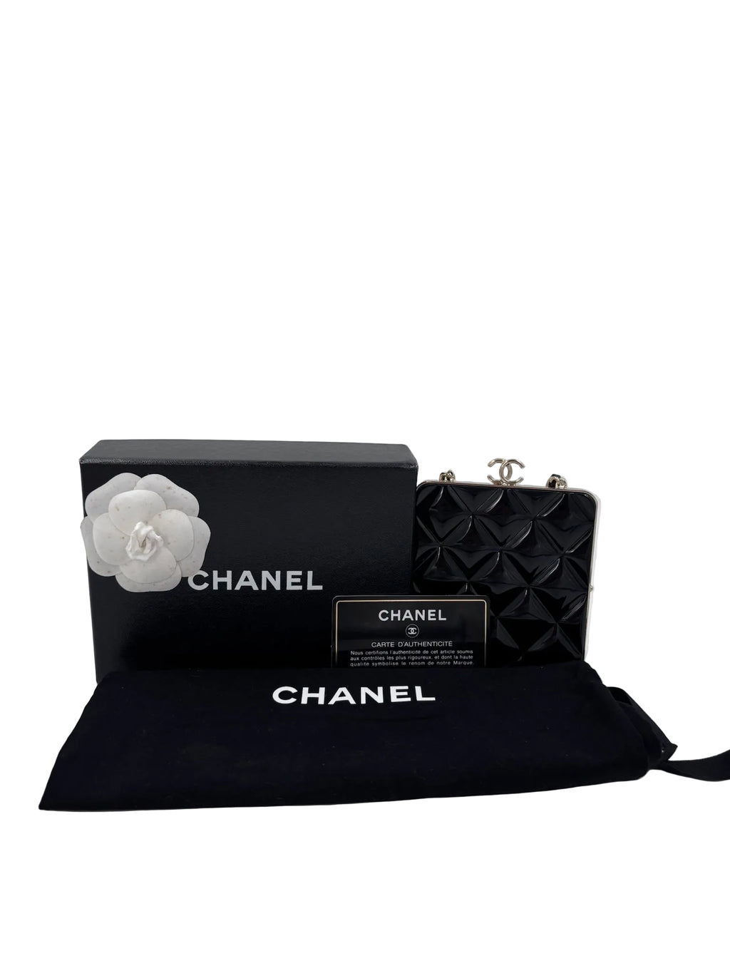Pre-owned Chanel Black Lambskin and Black Lacquer Plexi Quilted Small Evening Bag Champagne Gold Hardware - Authenticated