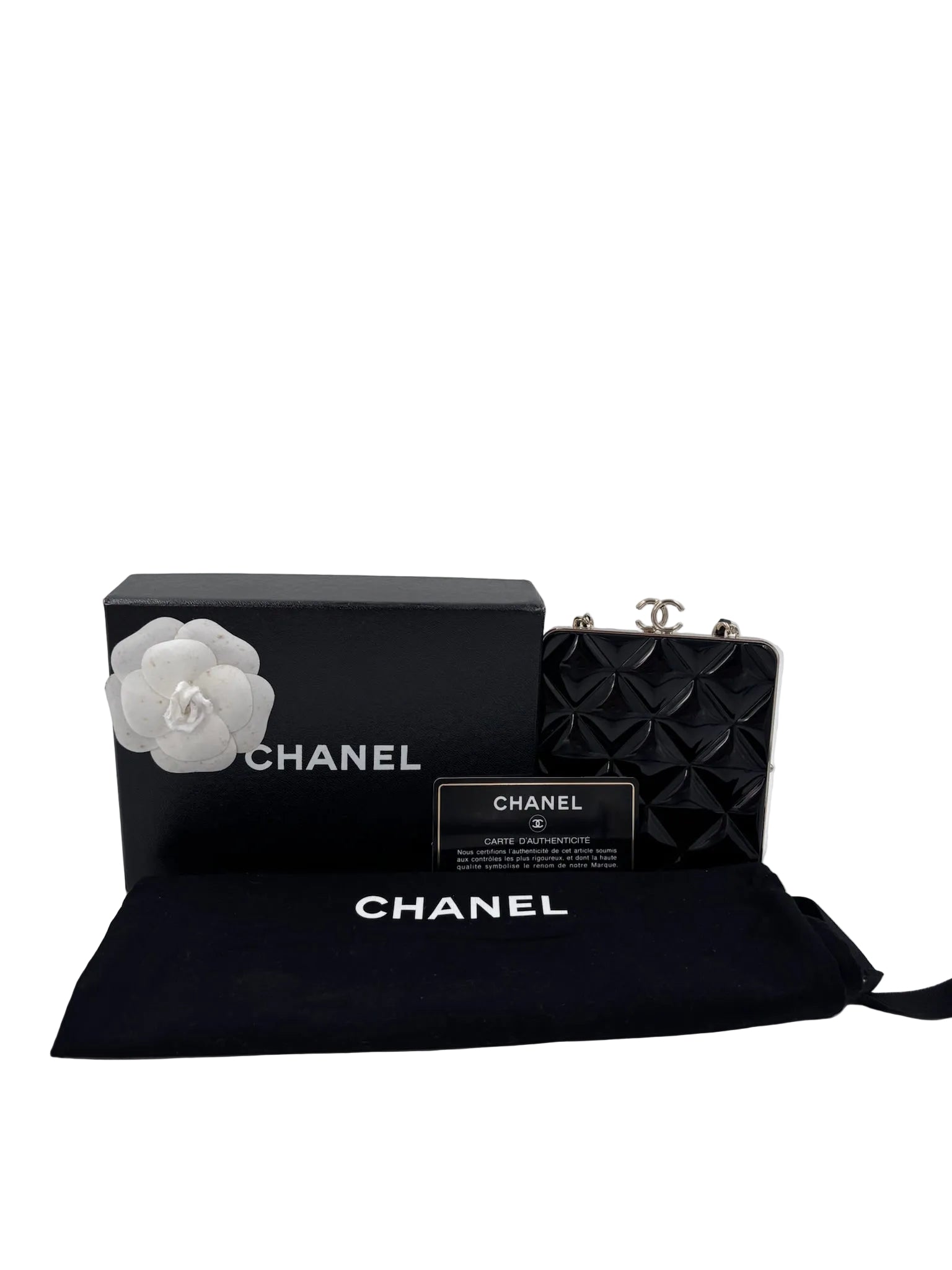Pre-owned Chanel Black Lambskin and Black Lacquer Plexi Quilted Small Evening Bag Champagne Gold Hardware - Authenticated