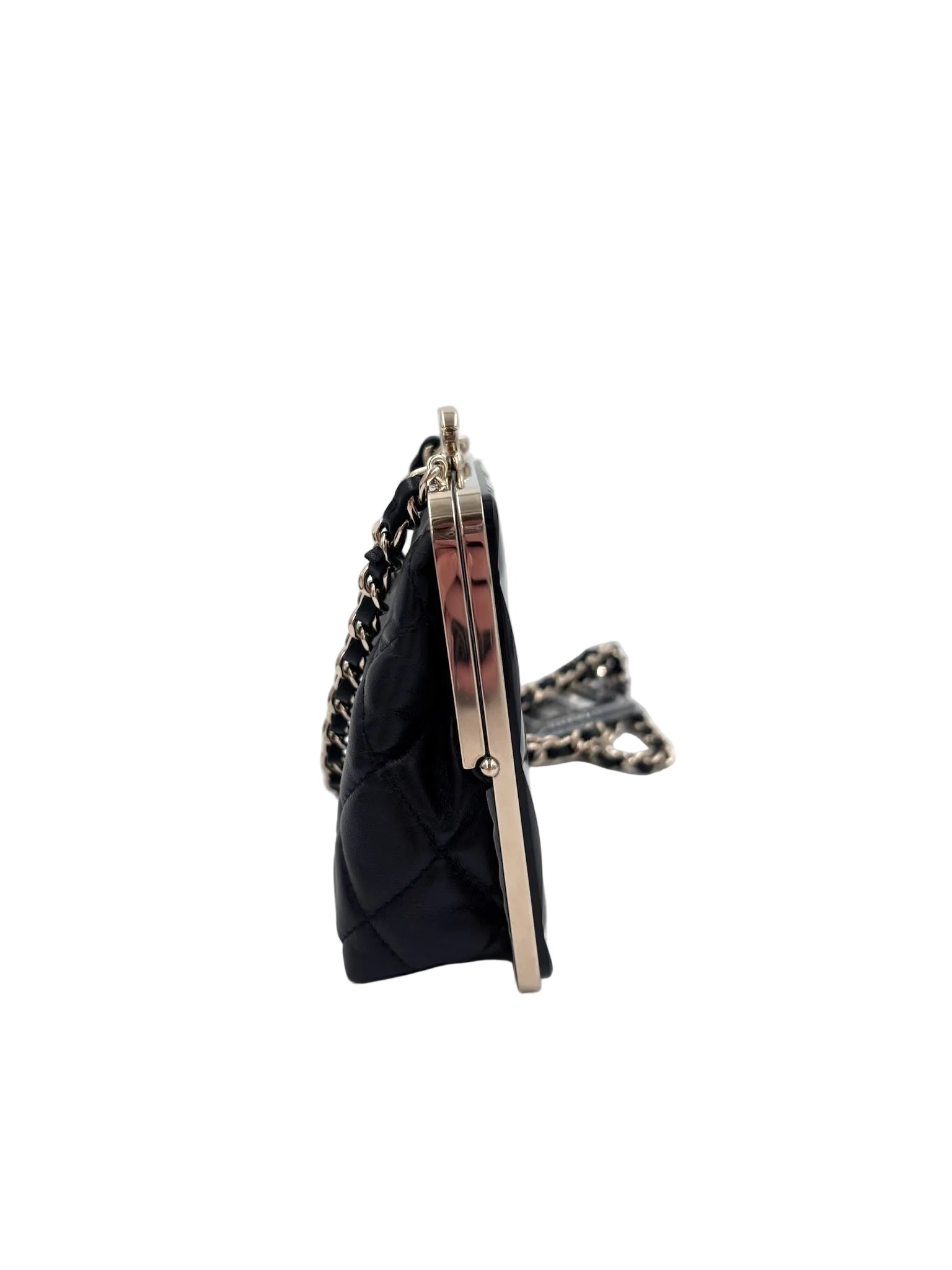 Pre-owned Chanel Black Lambskin and Black Lacquer Plexi Quilted Small Evening Bag Champagne Gold Hardware - Authenticated