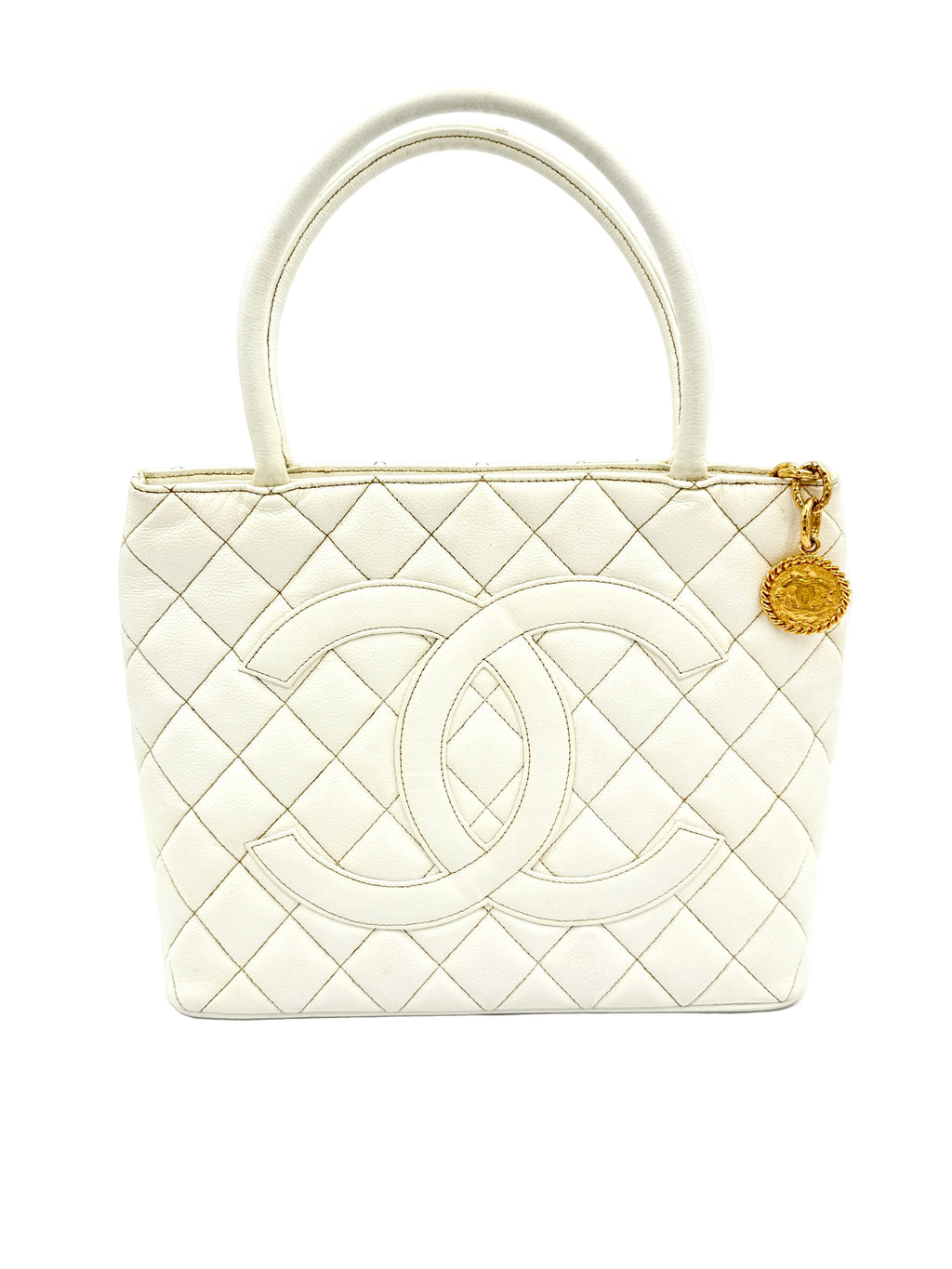 Pre-Owned Chanel Vintage White Caviar Leather Medallion Tote with Gold Hardware - Authenticated