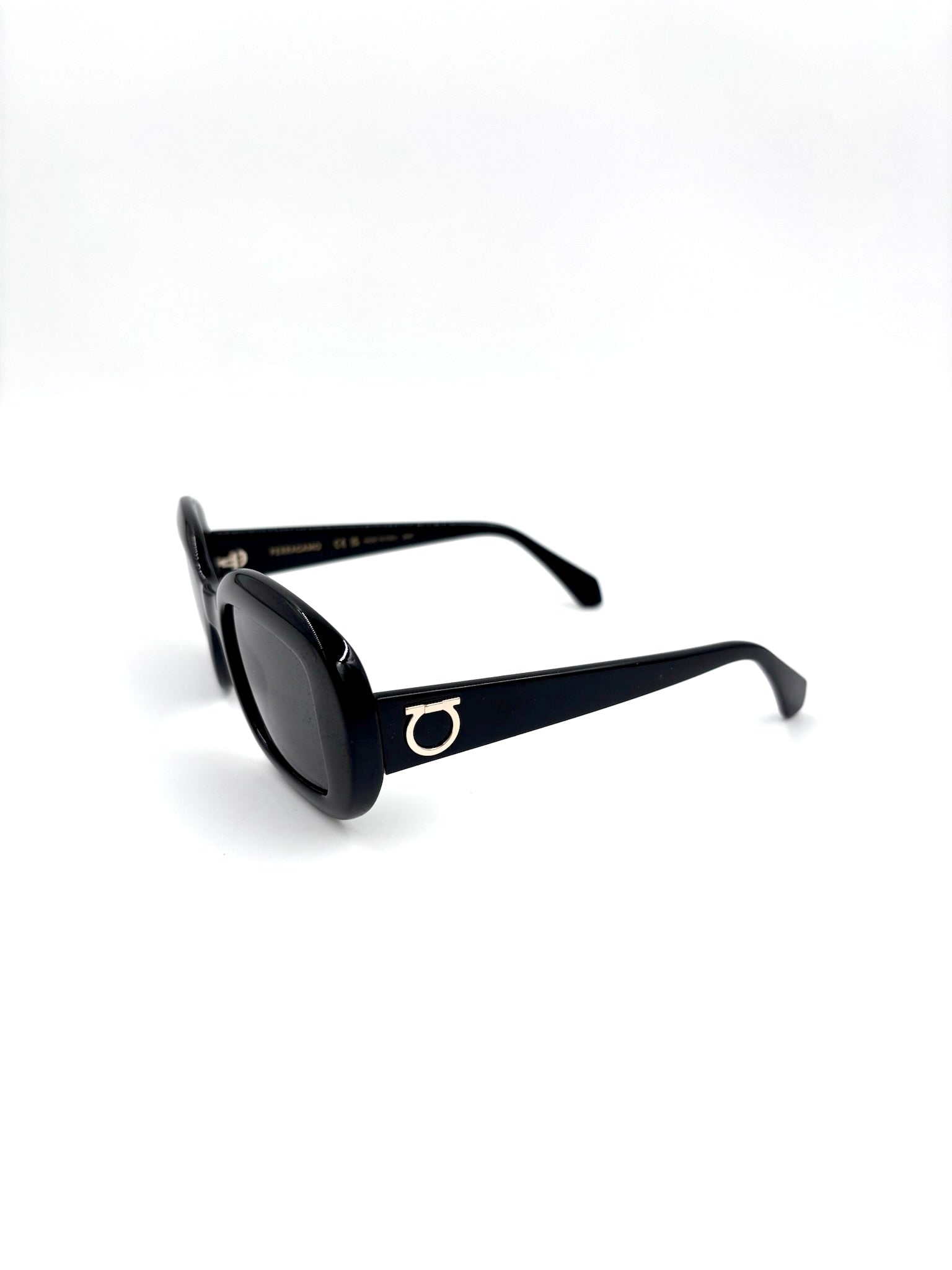 Salvatore Ferragamo Large Black Oval Acetate Sunglasses Silver Logo Hardware