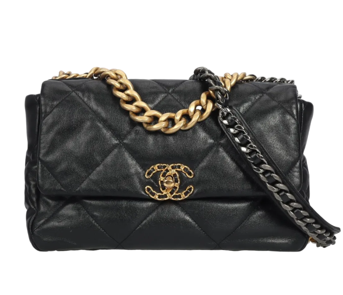 Pre-owned Chanel 19 Black Shiny Goatskin With Mixed Metal Hardware Medium- Authenticated