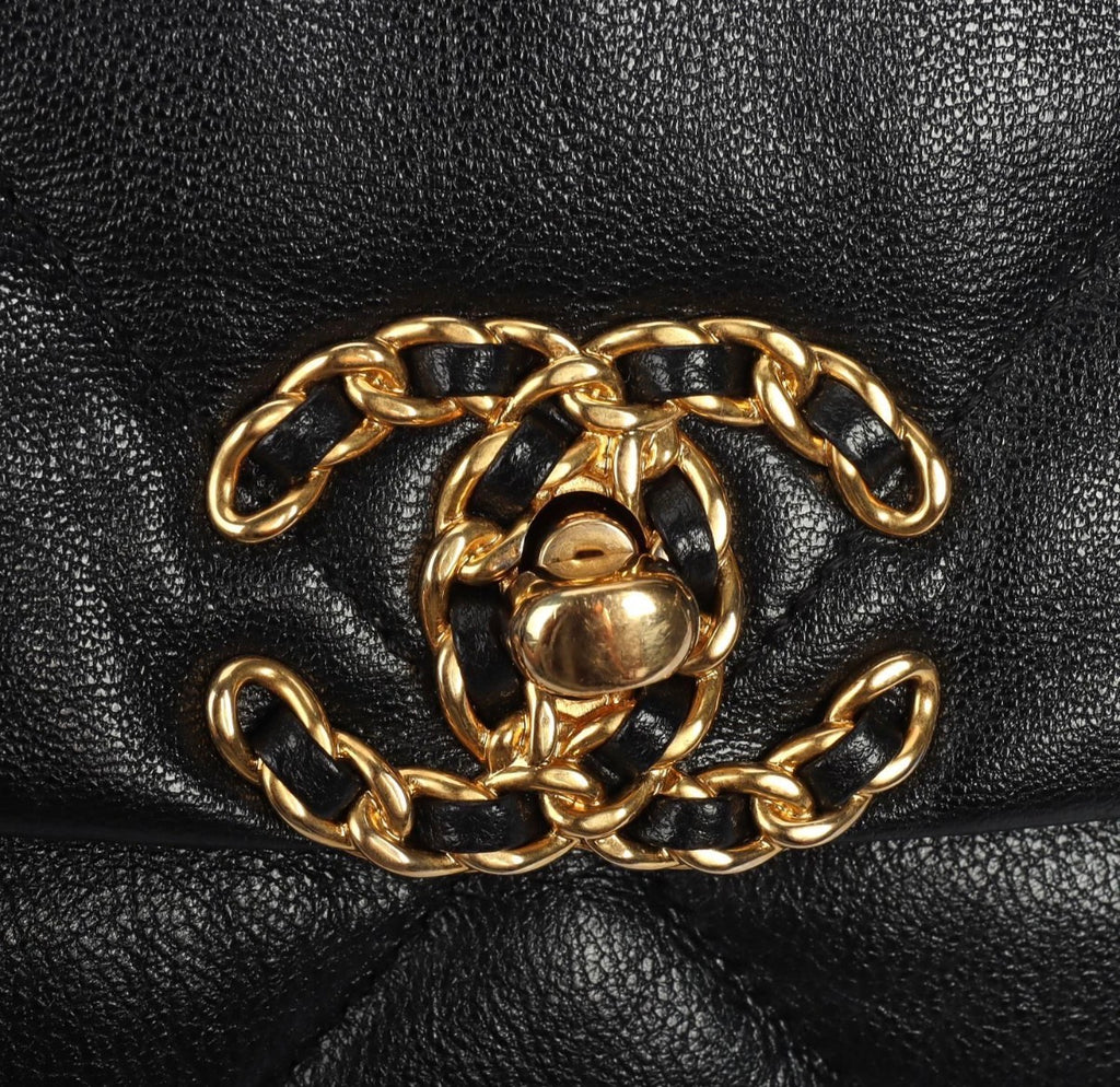 Pre-owned Chanel 19 Black Shiny Goatskin With Mixed Metal Hardware Medium- Authenticated