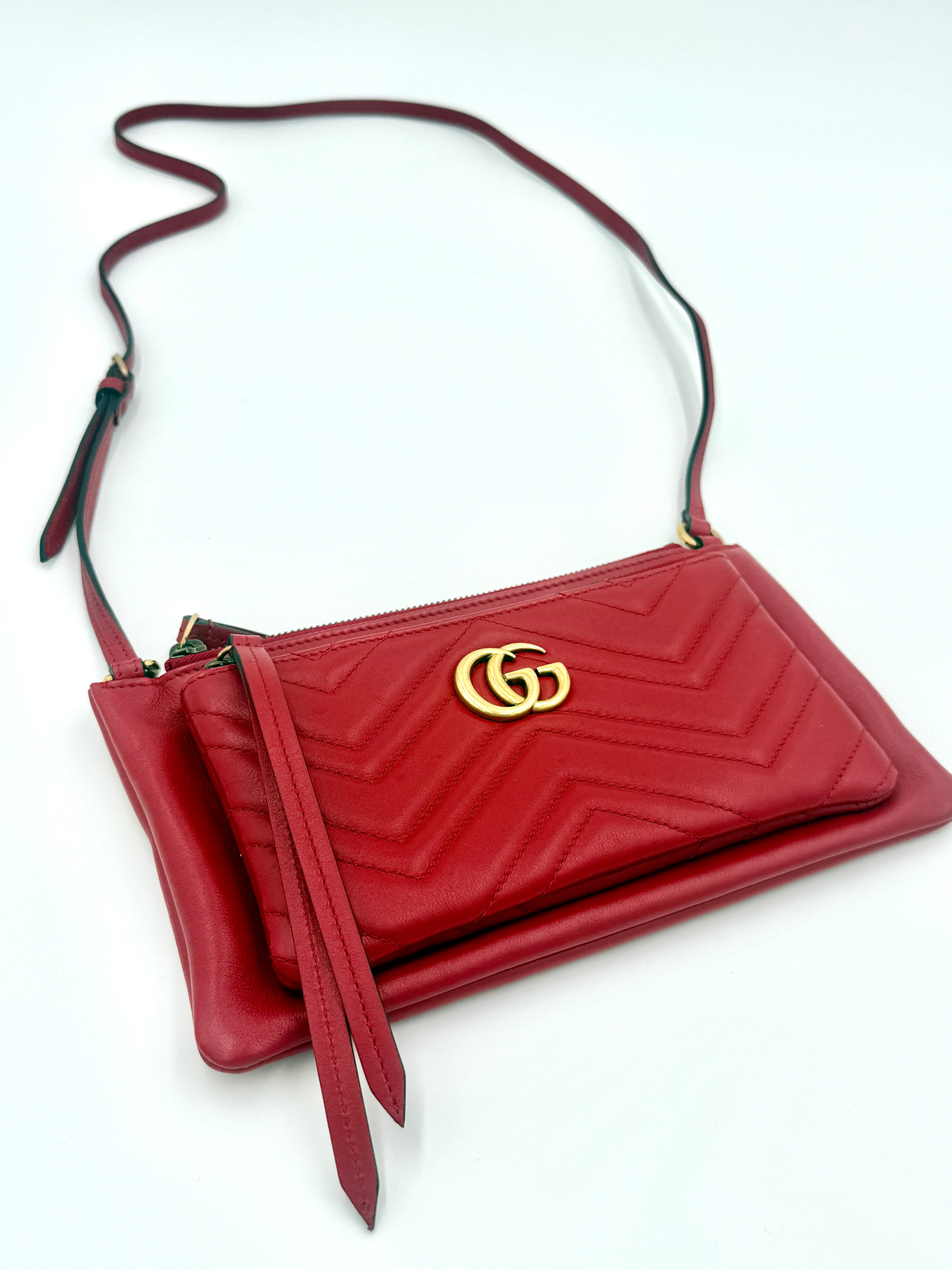 Pre-Owned Gucci GG Marmont Red Leather Crossbody Bag Double Zip - Authenticated