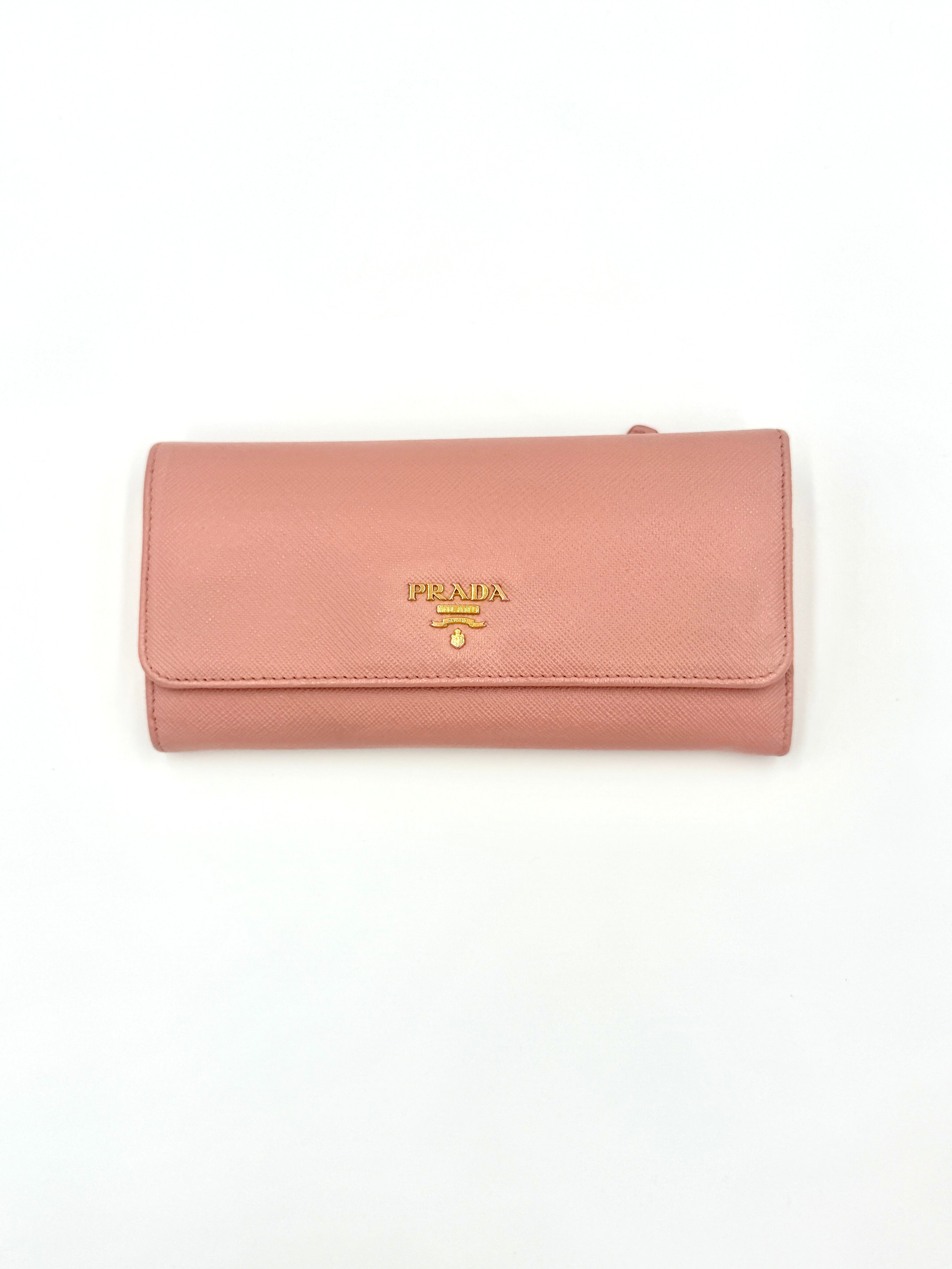 Pre-Owned Prada Pink Saffiano Leather Long Wallet (with chain) - Authenticated
