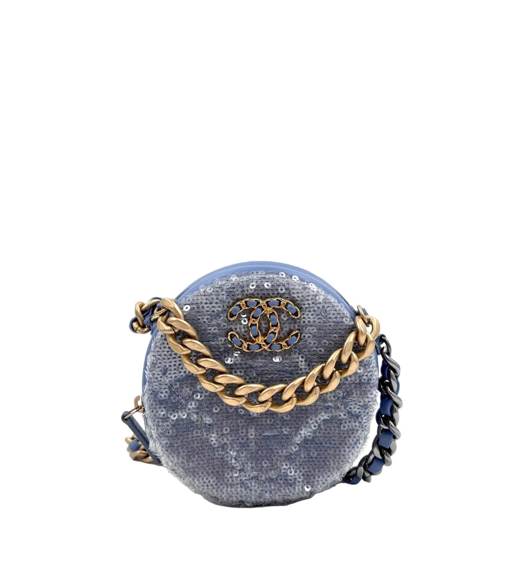 Pre-owned Chanel Periwinkle Sequin 19 Round Clutch with Chain - Authenticated