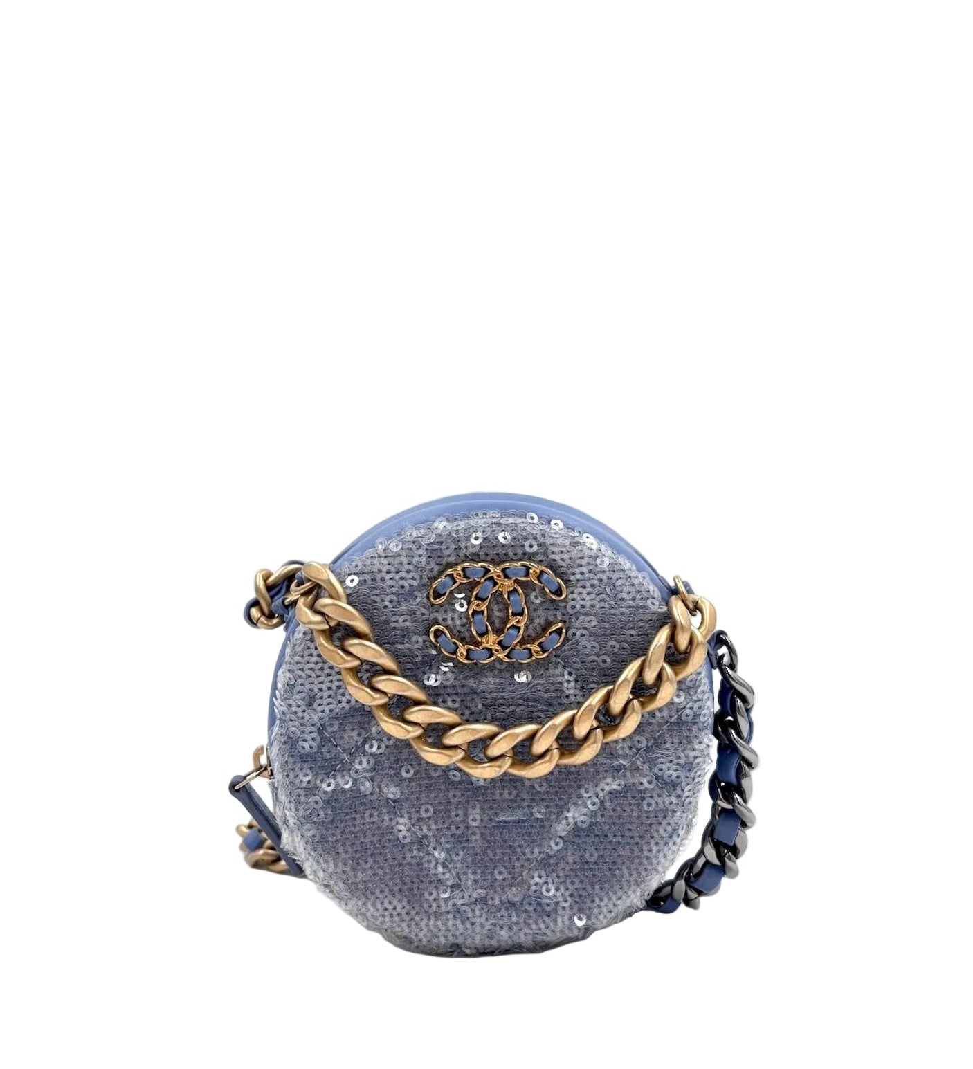 Pre-owned Chanel Periwinkle Sequin 19 Round Clutch with Chain - Authenticated