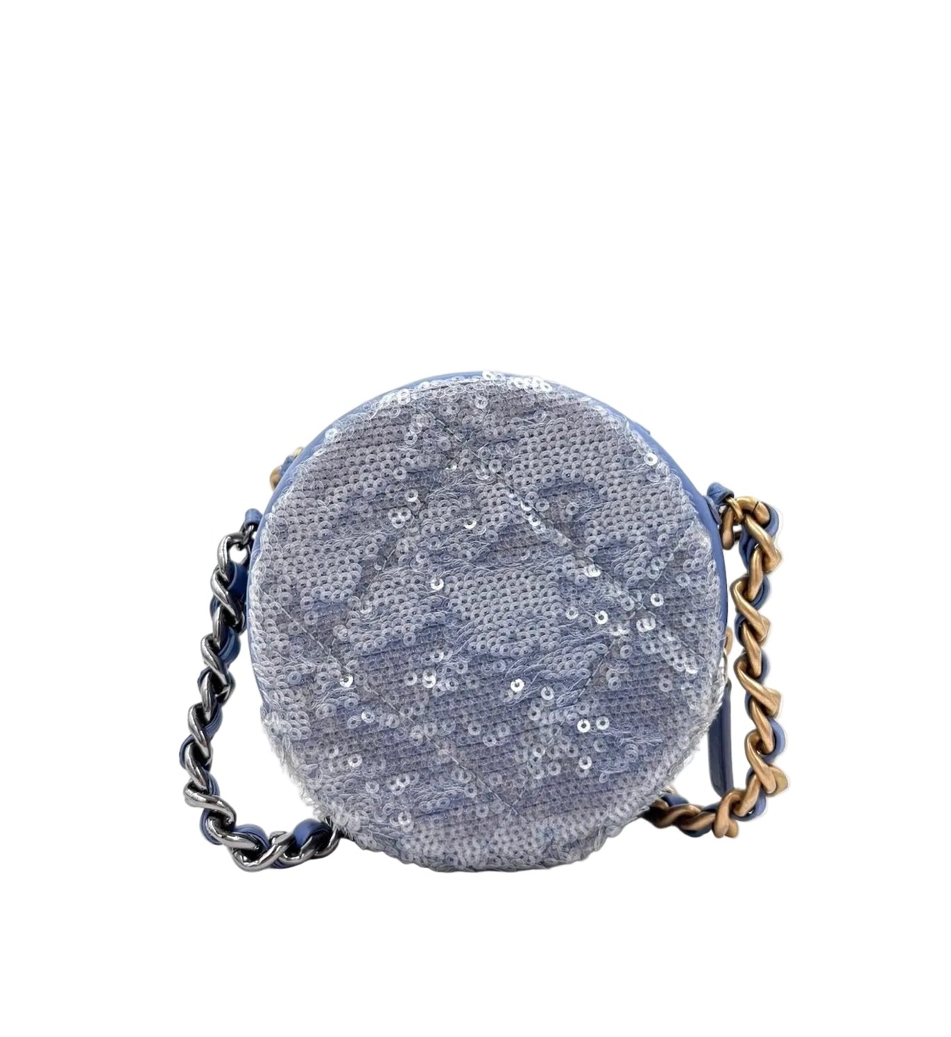Pre-owned Chanel Periwinkle Sequin 19 Round Clutch with Chain - Authenticated